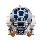 Felülnézeti kép a LEGO R2-D2 (75308) fejéről, szürke és kék elemekből épített részletekkel, szenzorokkal és forgatható kupolával.