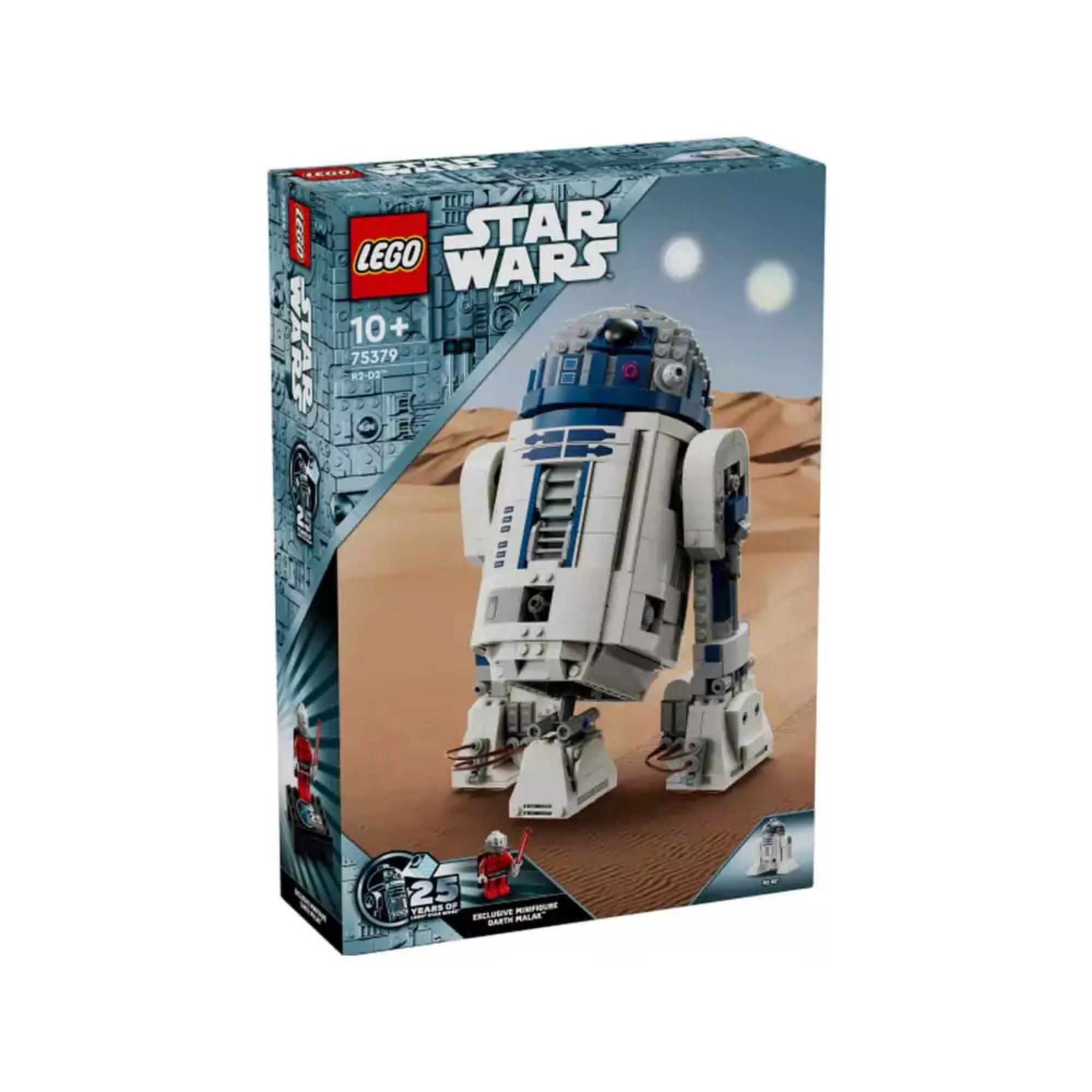 A LEGO Star Wars R2-D2 (75379) készlet doboza sivatagi háttérrel, az előtérben a megépített R2-D2 figura, Darth Malak jubileumi minifigura, „25 Years” logó és a termékinformációk.