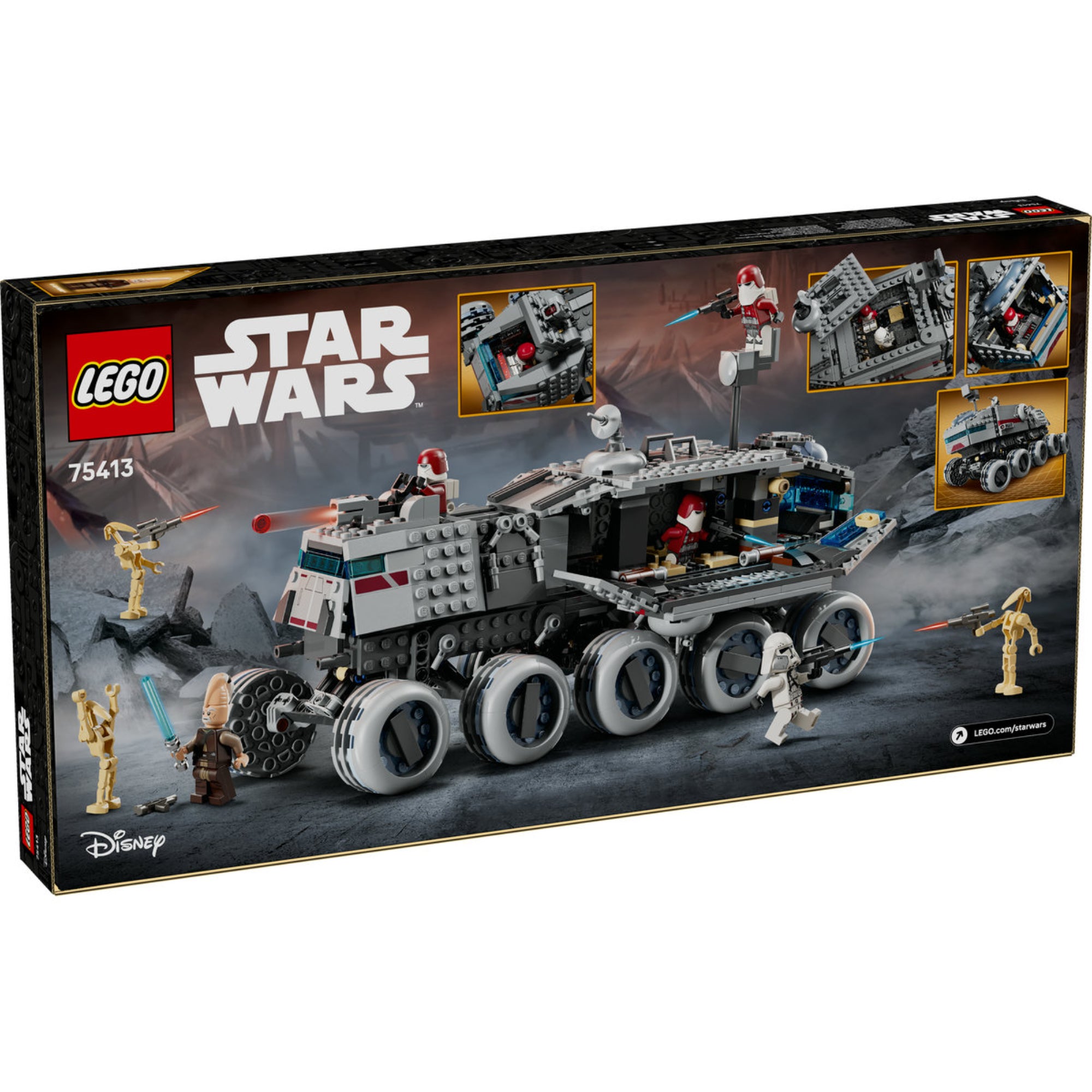 LEGO Star Wars Republic Juggernaut (75413) doboz hátlap – A jármű funkcióinak bemutatása nyitható oldalakkal és akcióban lévő minifigurákkal.