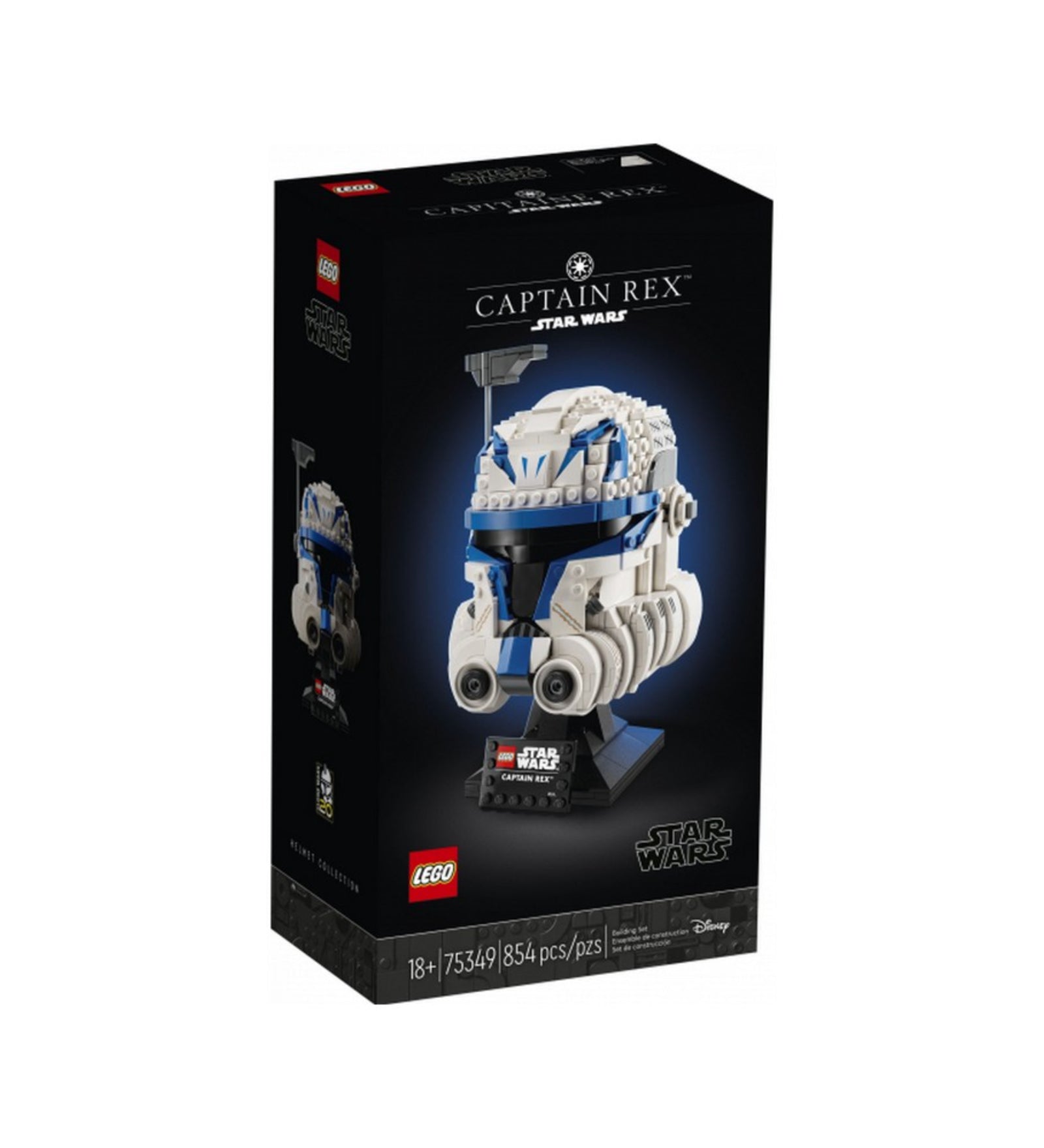A LEGO Star Wars Rex kapitány sisak (75349) doboza fekete háttérrel, középen a megépített sisak modelljével, Star Wars logóval és a darabszámmal.