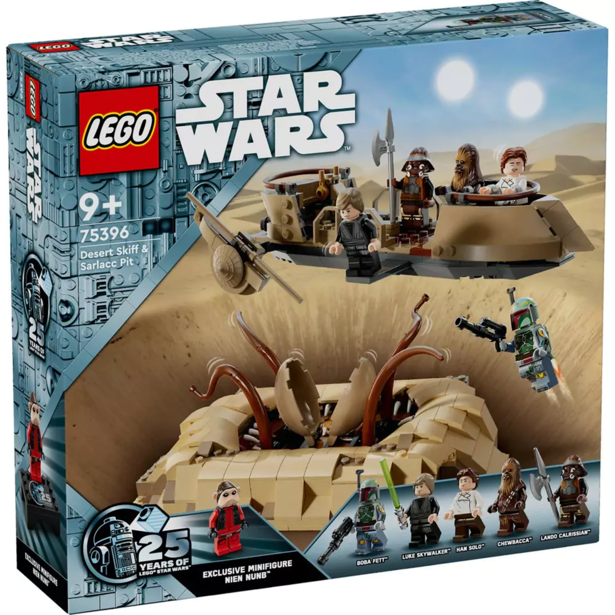 A LEGO Star Wars 75396-os szett doboza elölnézetből. A grafika a sarlacc verem fölött lebegő siklót és a klasszikus karaktereket ábrázolja: Luke Skywalker, Han Solo, Chewbacca és Boba Fett. A dobozon a 25 éves LEGO Star Wars logó és Nien Nunb exkluzív minifigurája is látható.