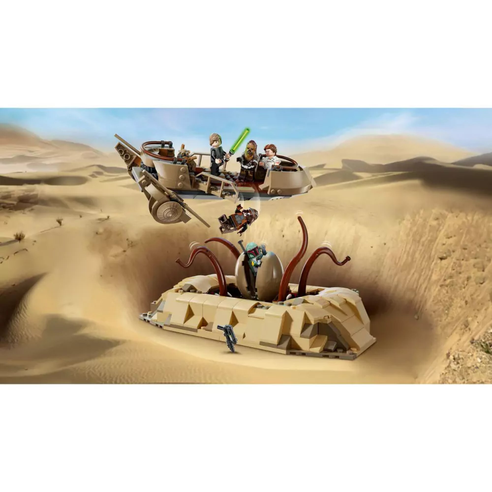 Akciódús illusztráció a LEGO Star Wars sivatagi jelenetéről. A sarlacc üregéből előtörő csápok épp elkapni próbálják az egyik zuhanó minifigurát, miközben a sikló lebegve halad el fölötte. A háttérben a homokdűnék végtelenje és a kék égbolt látható.