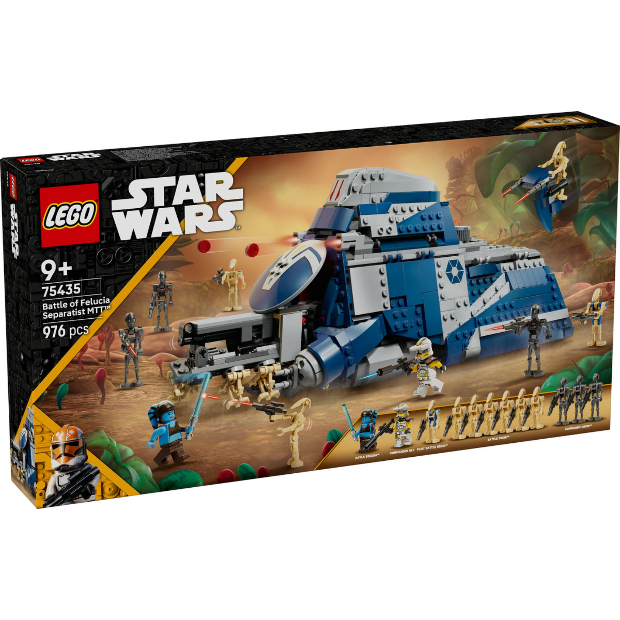 A LEGO Star Wars: Battle of Felucia – Separatist MTT (75435) doboza, amelyen a kék és szürke MTT jármű harci jelenetben látható a Felucia bolygón, LEGO minifigurákkal és droidokkal.