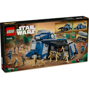 A LEGO Star Wars: Battle of Felucia – Separatist MTT (75435) doboz hátoldala, amely az MTT belső részét és funkcióit mutatja, valamint akcióban látható a minifigurákat.
