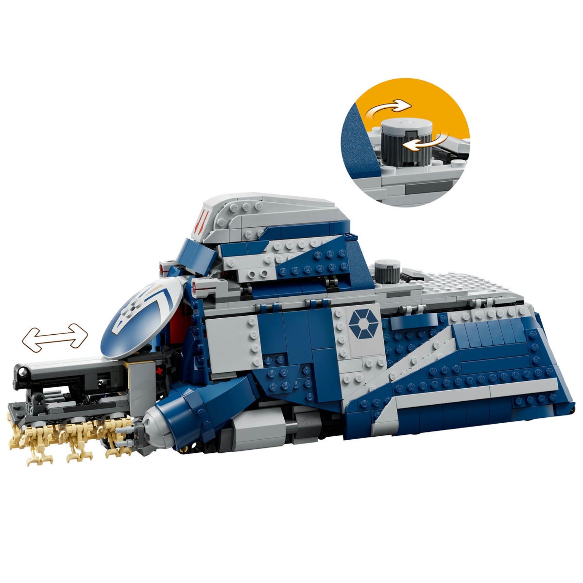 A LEGO Star Wars: Battle of Felucia – Separatist MTT (75435) jármű funkciói bemutatva – a mozgatható orr-rész és a droidokat kiemelő mechanika kiemelve.