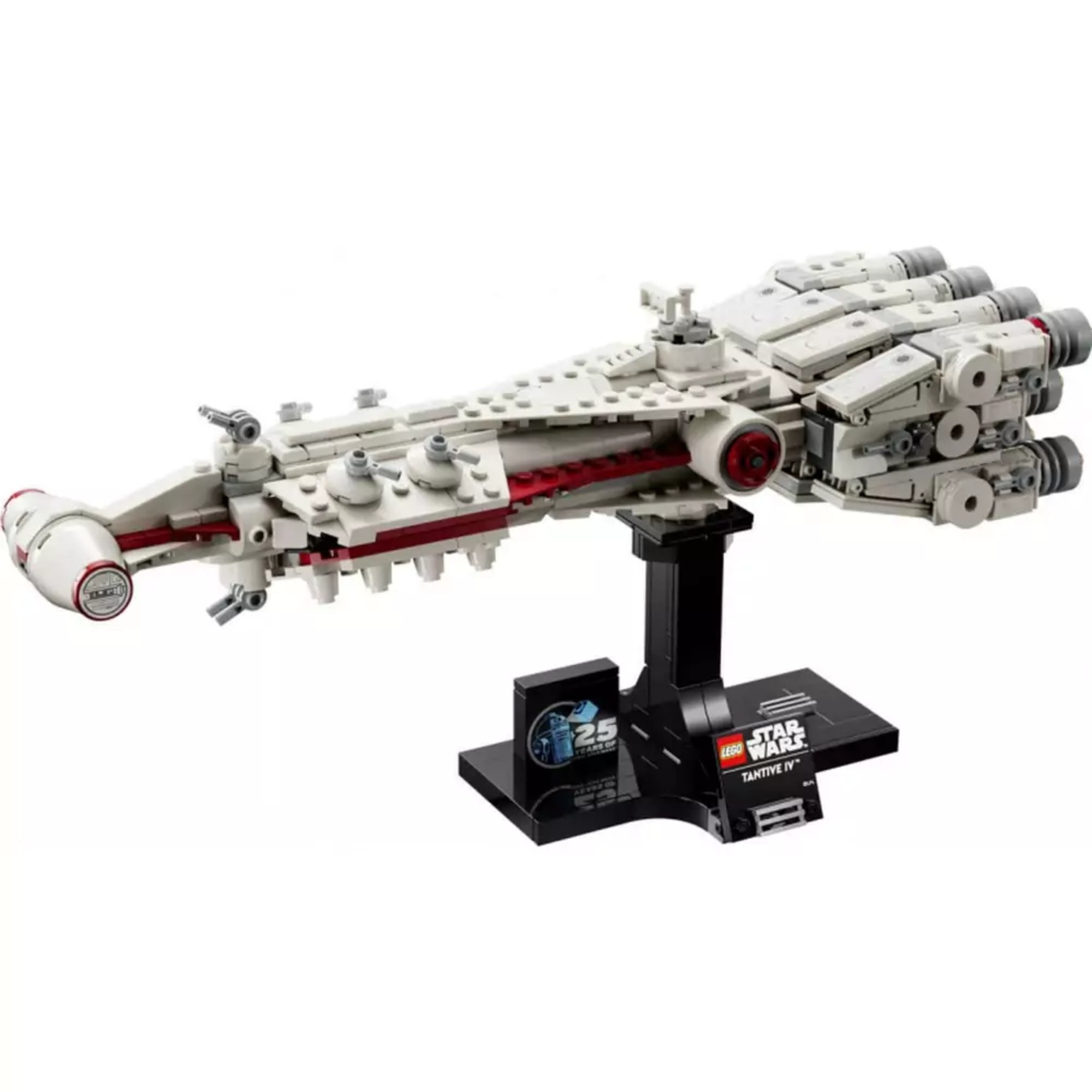 A LEGO Star Wars Tantive IV (75376) készlet összerakott modellje részletes kidolgozású hajóval és elegáns fekete bemutatóállvánnyal, amelyen a sorozat és évfordulós logók is láthatók.