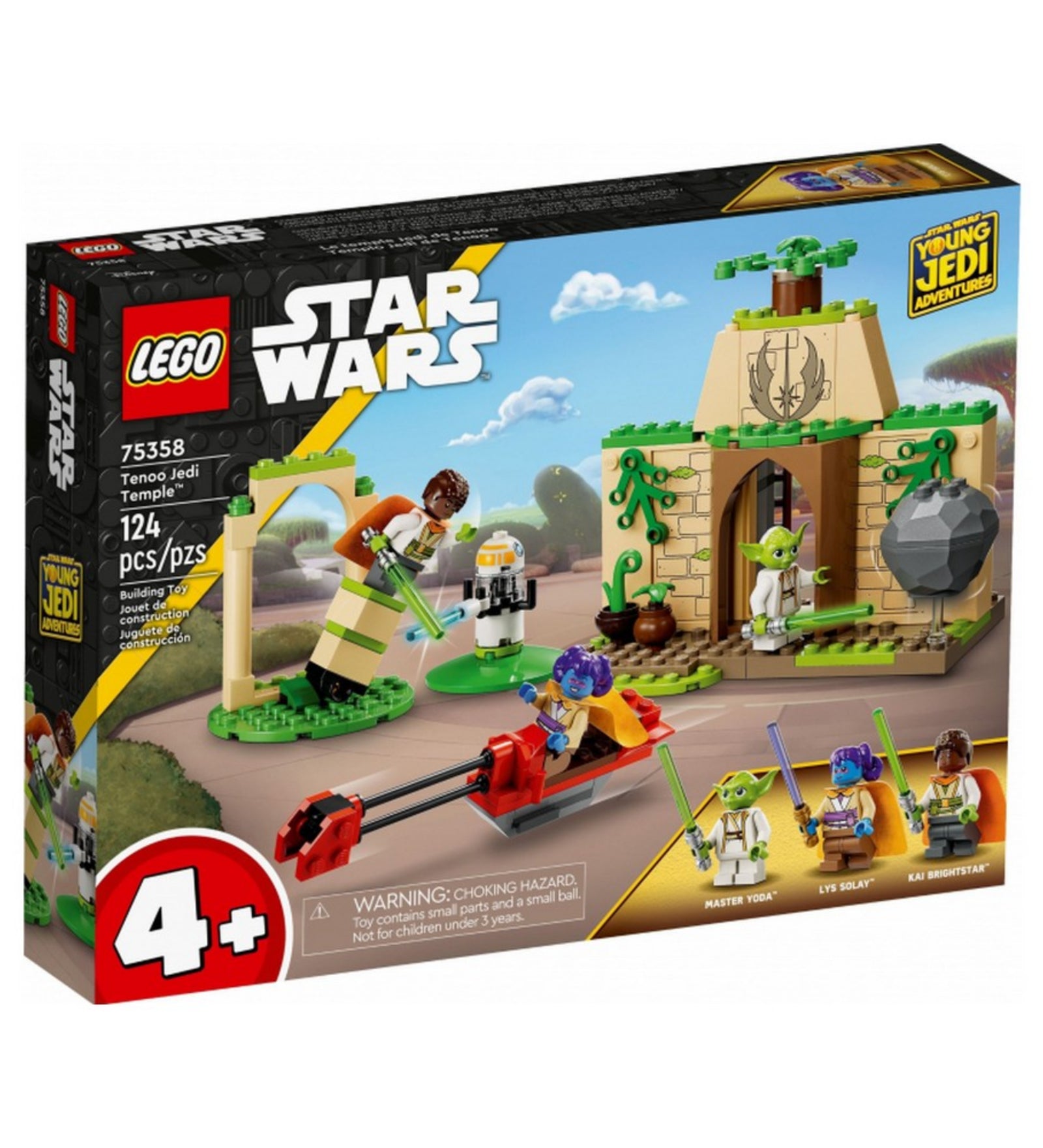  A LEGO Star Wars Tenoo Jedi templom (75358) doboza elölről, a készlet színes illusztrációjával, 124 elemes megjelöléssel és Young Jedi Adventures logóval.