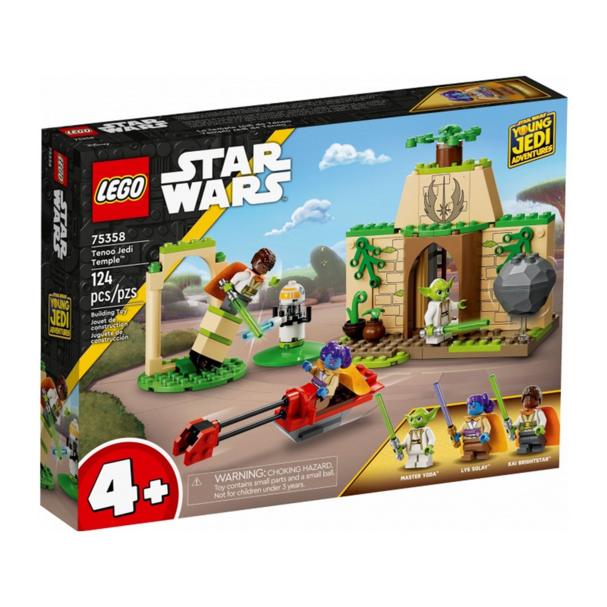  A LEGO Star Wars Tenoo Jedi templom (75358) doboza elölről, a készlet színes illusztrációjával, 124 elemes megjelöléssel és Young Jedi Adventures logóval.