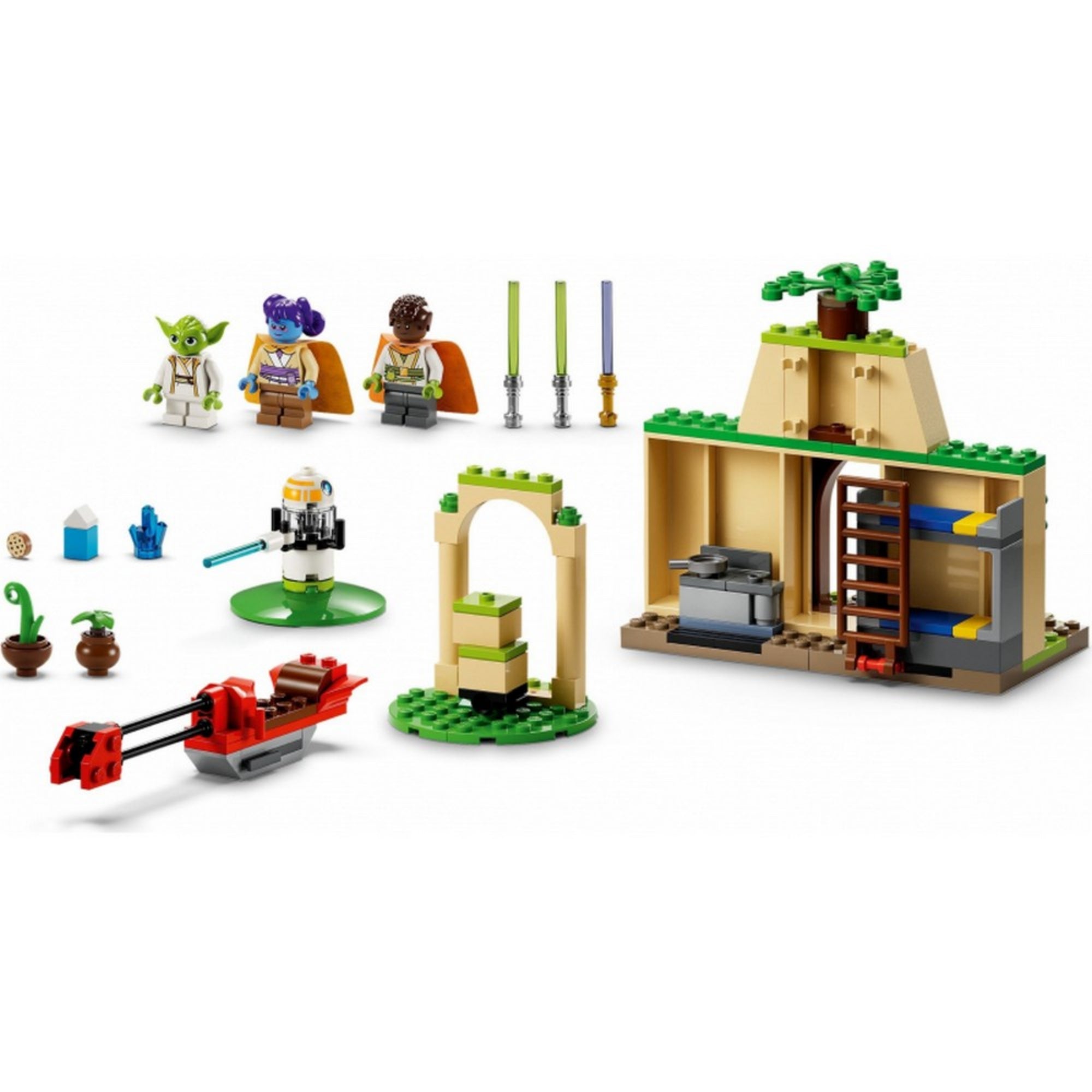 A LEGO Star Wars Tenoo Jedi templom (75358) készlet összes eleme kiterítve, köztük a templom építménye, egy piros sikló, gyakorló eszközök, három minifigura és egy droid.