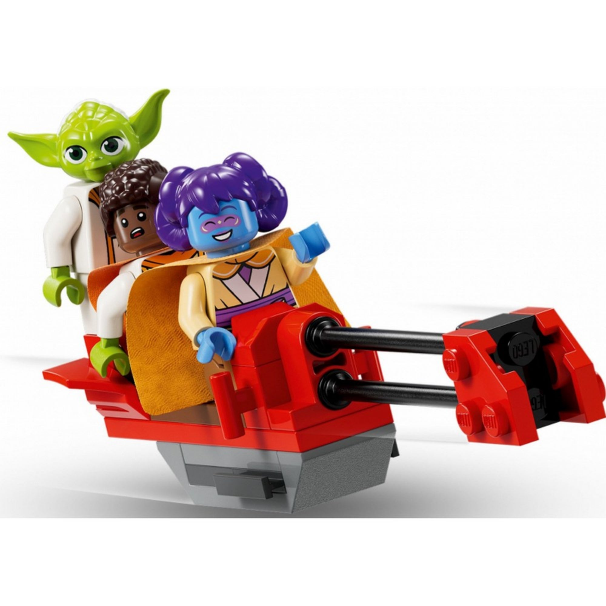 Yoda, Lys és Kai LEGO minifigurák fénykardokkal, színes köpennyel, közelről fotózva, a Tenoo Jedi templom készletből.