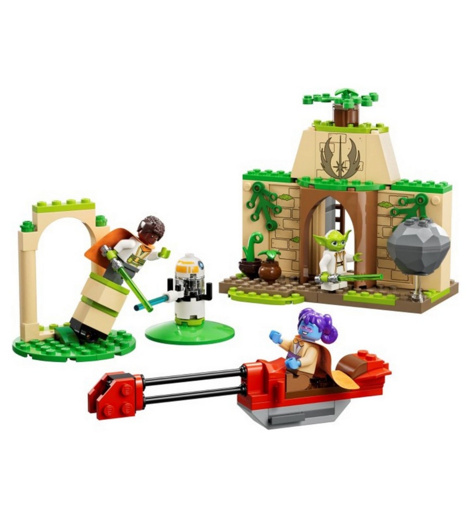 A LEGO Star Wars Tenoo Jedi templom (75358) készlet akcióban, Yoda, Kai és Lys edzés közben, fénykardokkal és lebegő platformon, a háttérben a templom épülete.