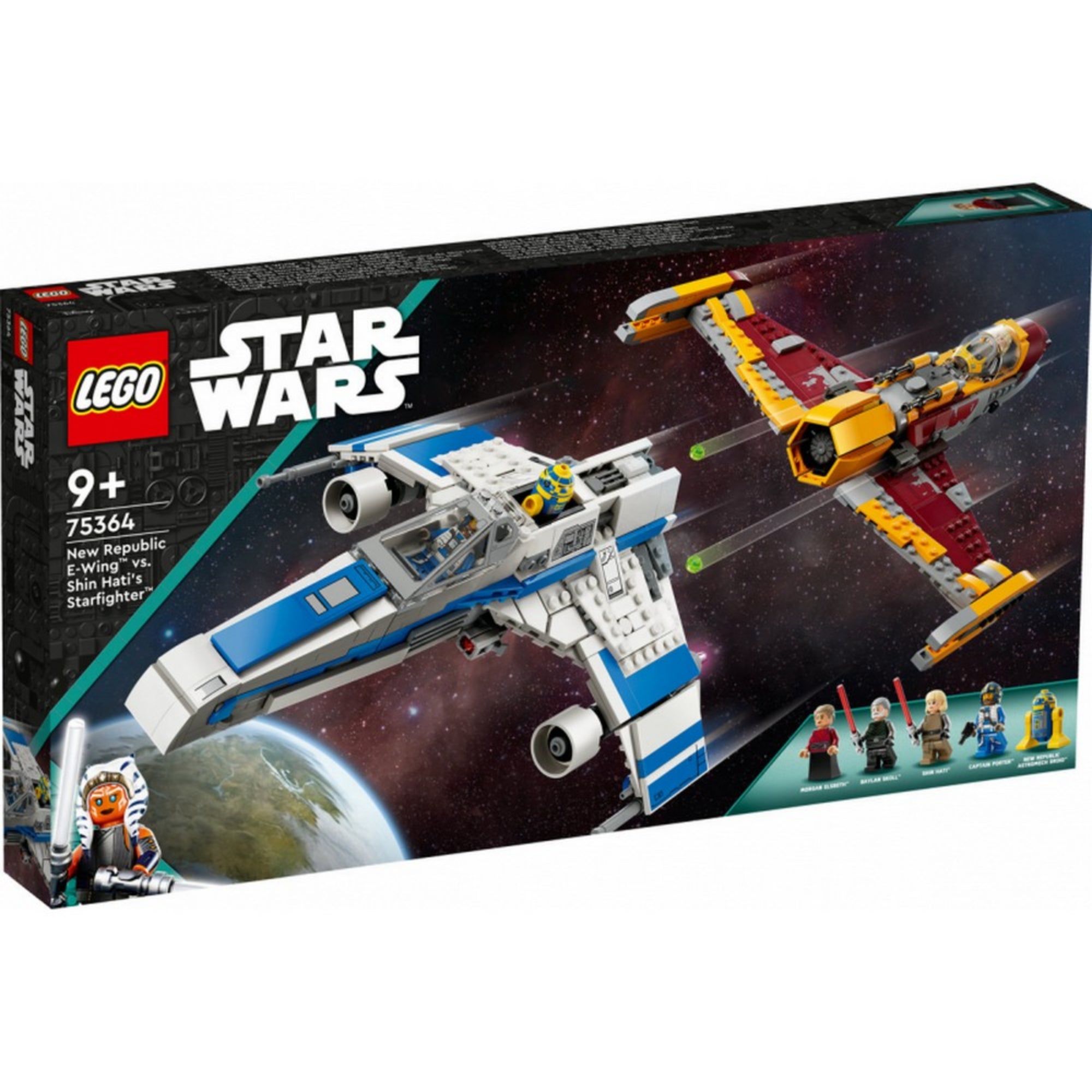 LEGO Star Wars Új Köztársasági E-Wing vs Shin Hati vadászgépe (75364) doboz elölnézetből, háttérben űrcsata, előtérben a két hajó és a minifigurák