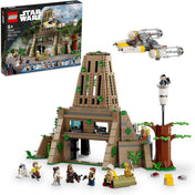 A LEGO Star Wars Yavin 4 – a Lázadók bázisa (75365) teljes készlete dobozzal és összerakott elemekkel: a bázis épülete, a kilövésre kész Y-szárnyú vadászgép, egy figyelőtorony, 12 ikonikus minifigura és kiegészítők.
