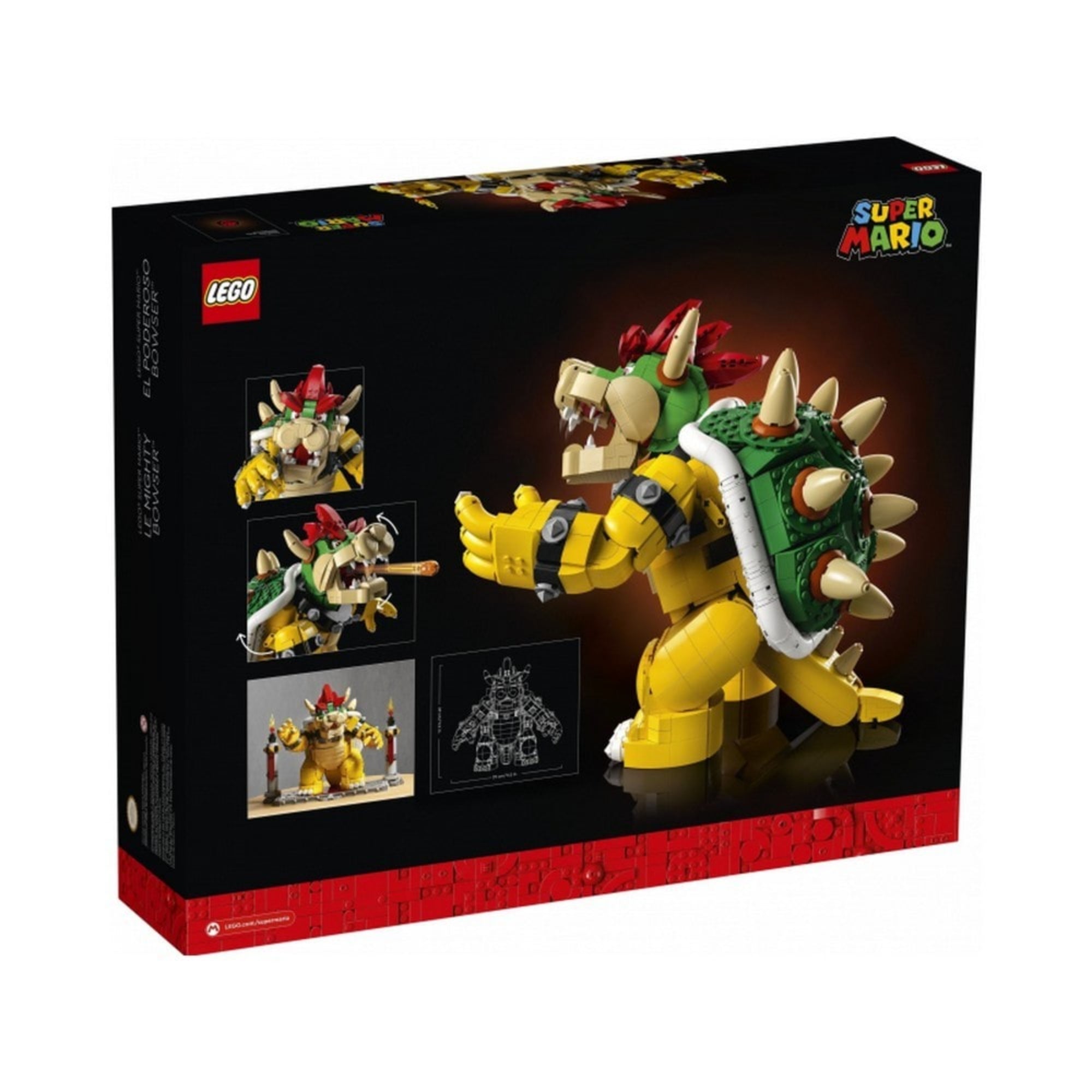 A LEGO Super Mario A hatalmas Bowser (71411) dobozának hátoldala, amely bemutatja a figura mozgatható részeit, tüzet lövő funkcióját és technikai rajzát.