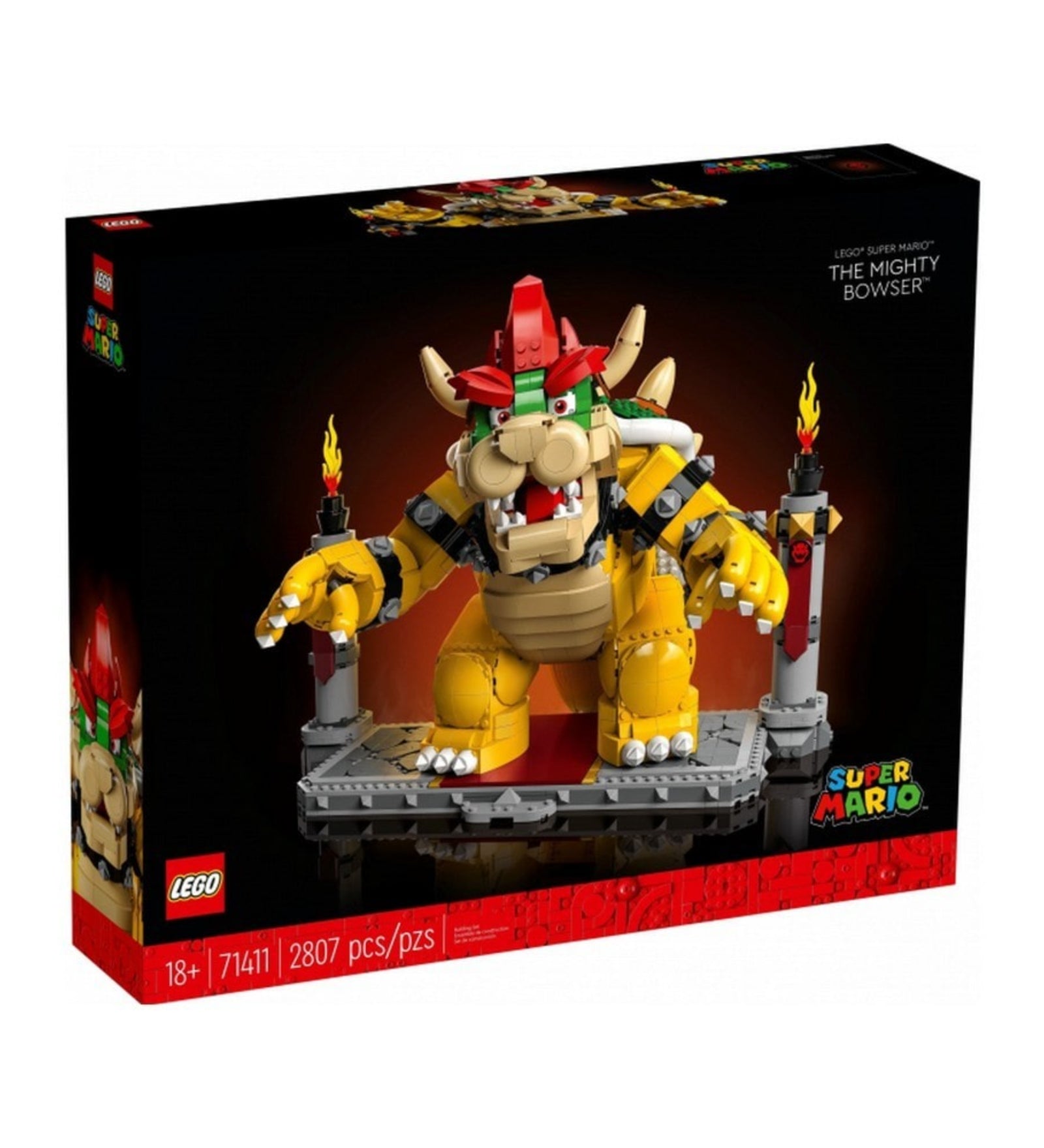 A LEGO Super Mario A hatalmas Bowser (71411) doboza sötét háttérrel, a monumentális Bowser figura tűzoszlopok között, 2807 darabbal és 18+ korosztály jelzéssel.