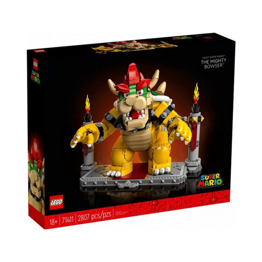 A LEGO Super Mario A hatalmas Bowser (71411) doboza sötét háttérrel, a monumentális Bowser figura tűzoszlopok között, 2807 darabbal és 18+ korosztály jelzéssel.