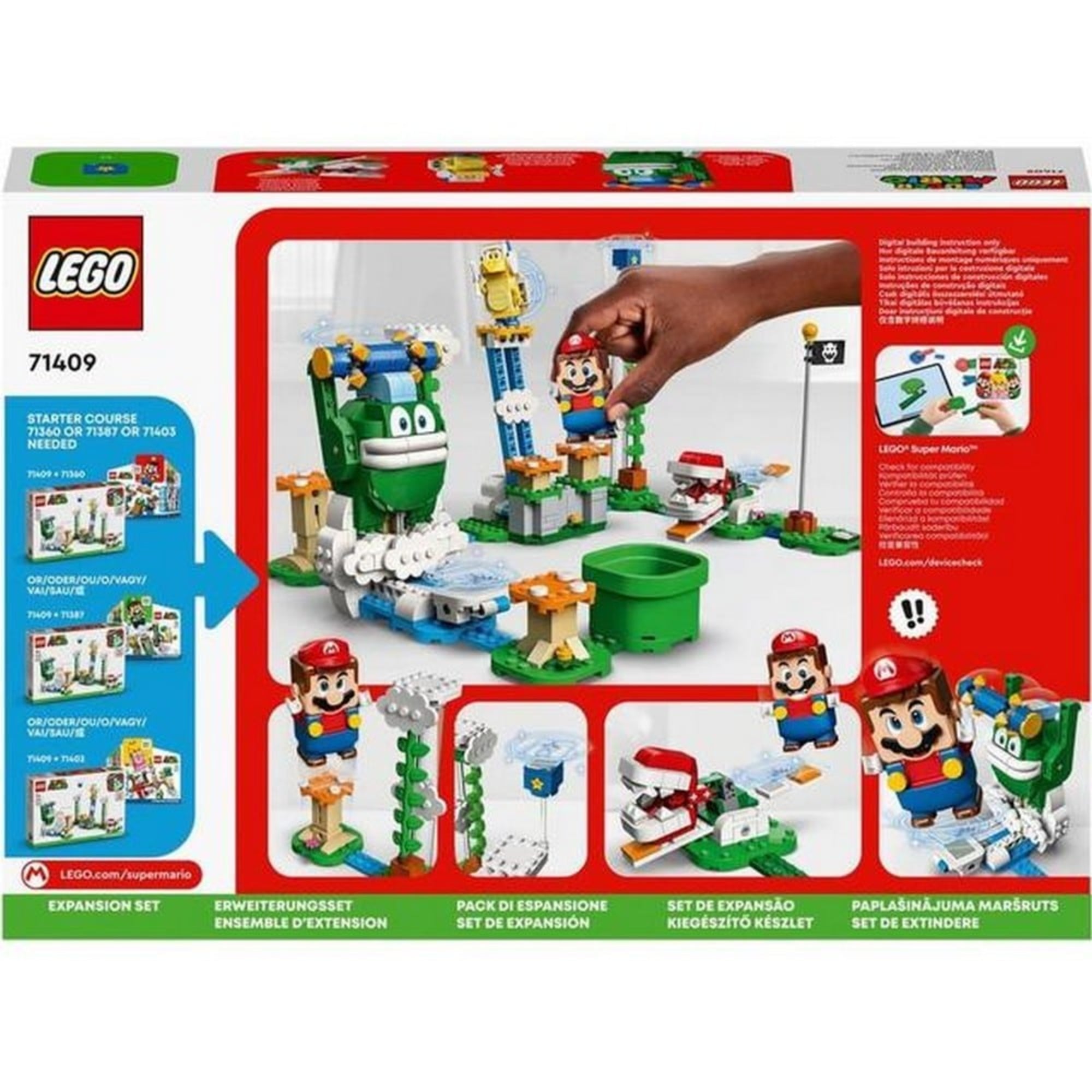 A LEGO Super Mario Big Spike felhőcsúcs kihívás (71409) szett dobozának hátoldala, kézzel irányított játékmenet bemutatásával és a digitális alkalmazásra utaló grafikai elemekkel.