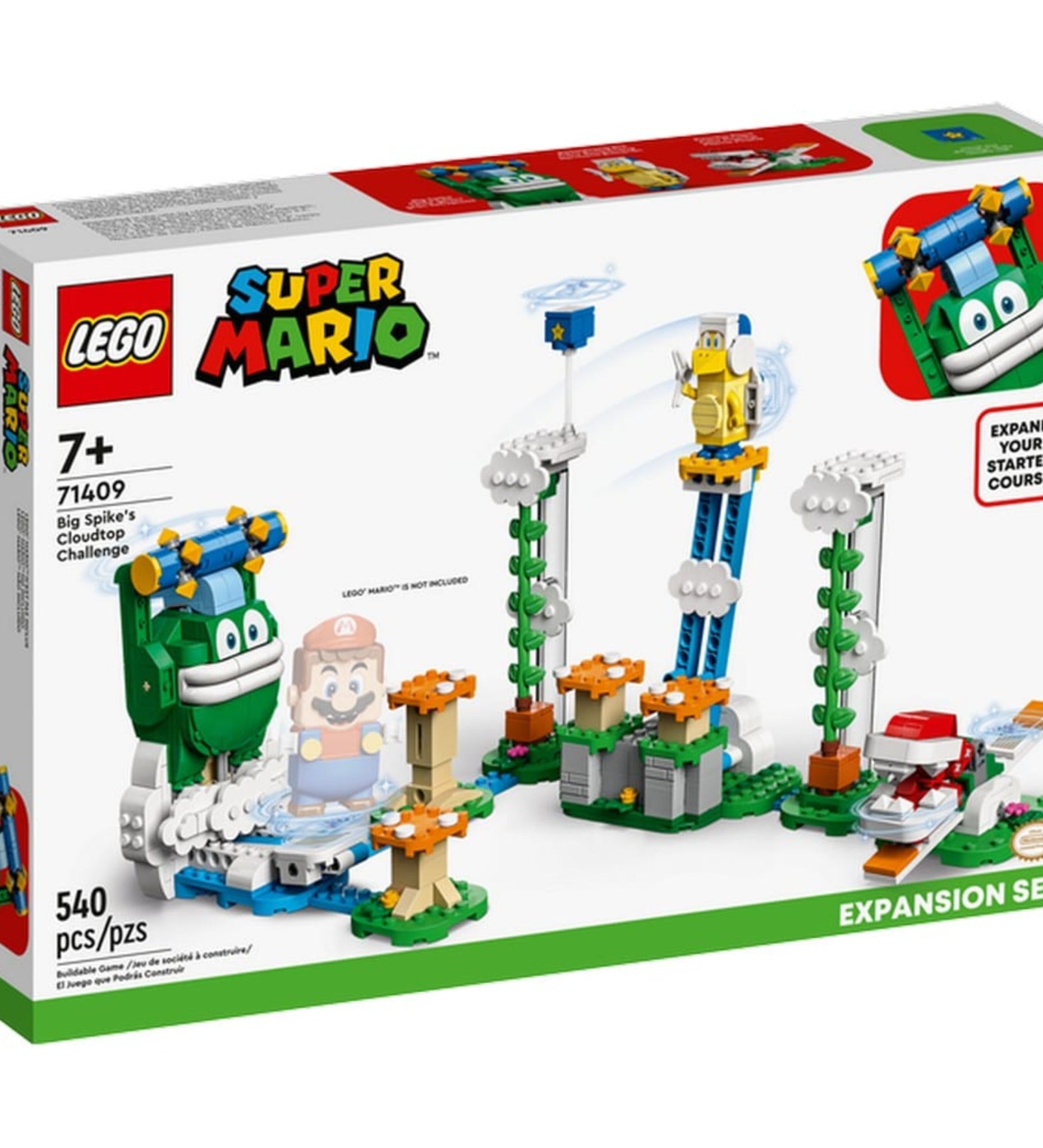 A LEGO Super Mario Big Spike felhőcsúcs kihívás (71409) szett színes doboza az előlapon, 540 elemmel, Mario és Big Spike karaktereivel illusztrálva.