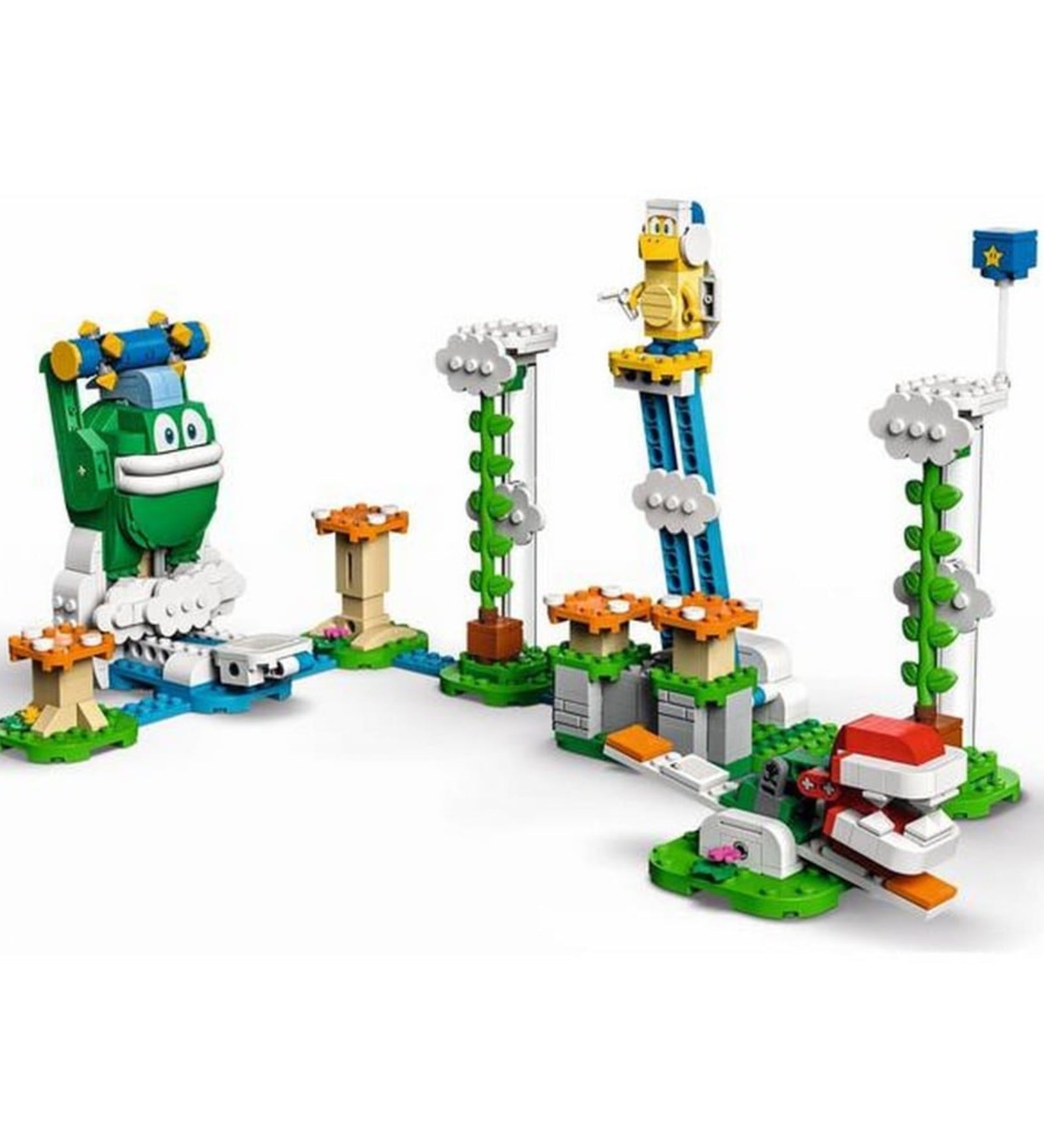 A LEGO Super Mario Big Spike felhőcsúcs kihívás (71409) szett teljesen összerakva, látványos felhő- és ugróelemekkel, valamint Big Spike és más karakterekkel.