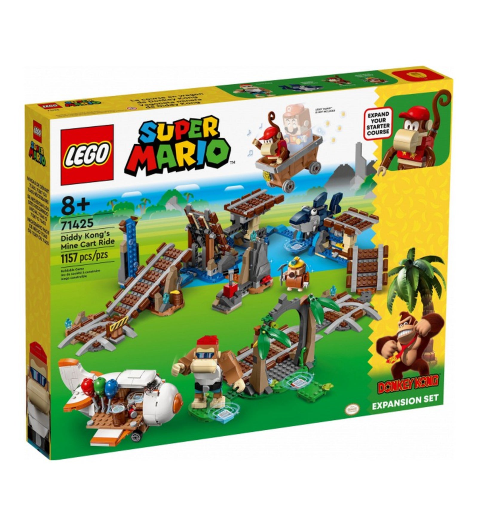 A LEGO Super Mario Diddy Kong utazása a bányacsillében (71425) kiegészítő szett doboza, színes illusztrációval a teljes pályáról és a karakterekről.