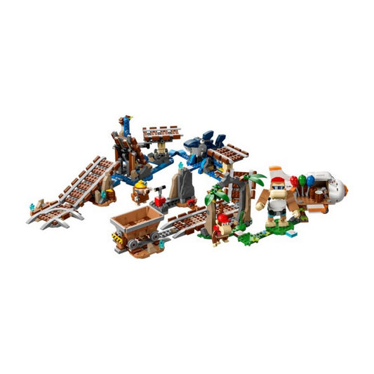 A LEGO Super Mario Diddy Kong utazása a bányacsillében (71425) készlet összerakott változata, sínekkel, kocsival, repülővel és több Donkey Kong karakterrel.