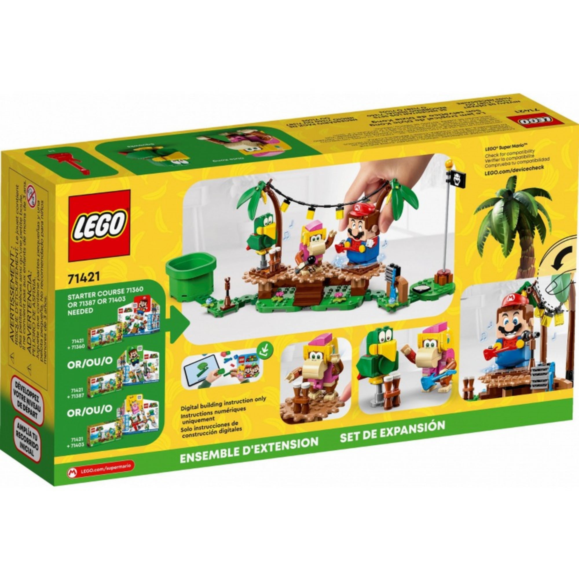 A LEGO Super Mario Dixie Kong Jungle Jam kiegészítő szett (71421) dobozának hátoldala, amely a játék működését és a digitális építési útmutatót mutatja be, valamint egy kéz irányítja az interaktív Mario figurát a dzsungelbeli koncert színpadán.