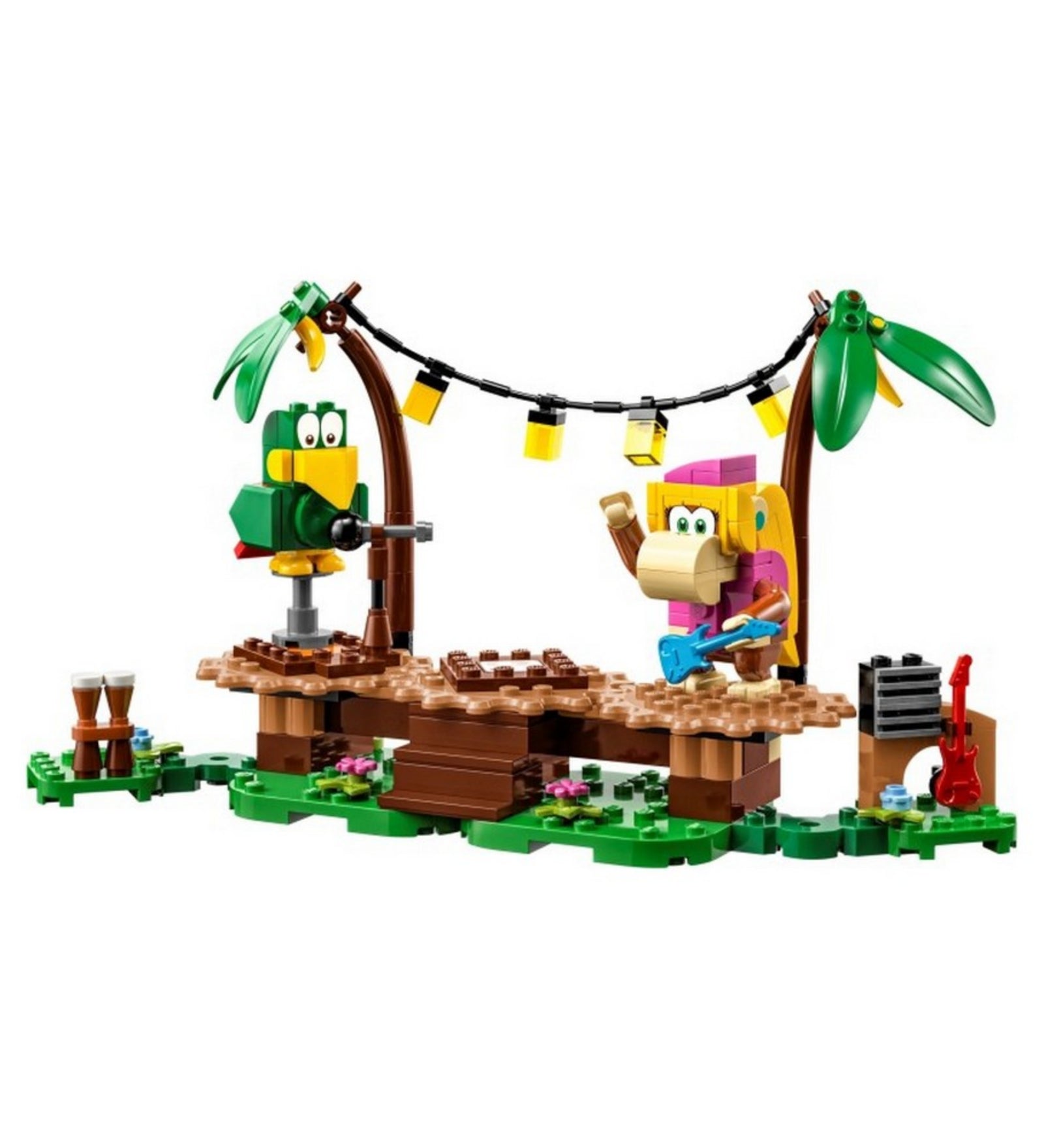 A LEGO Super Mario Dixie Kong Jungle Jam kiegészítő szett (71421) összeépített változata, amely egy dzsungelbeli színpadot ábrázol reflektoros pálmafákkal, hangszerekkel, egy zöld papagájjal és egy gitárt tartó Dixie Kong figurával.