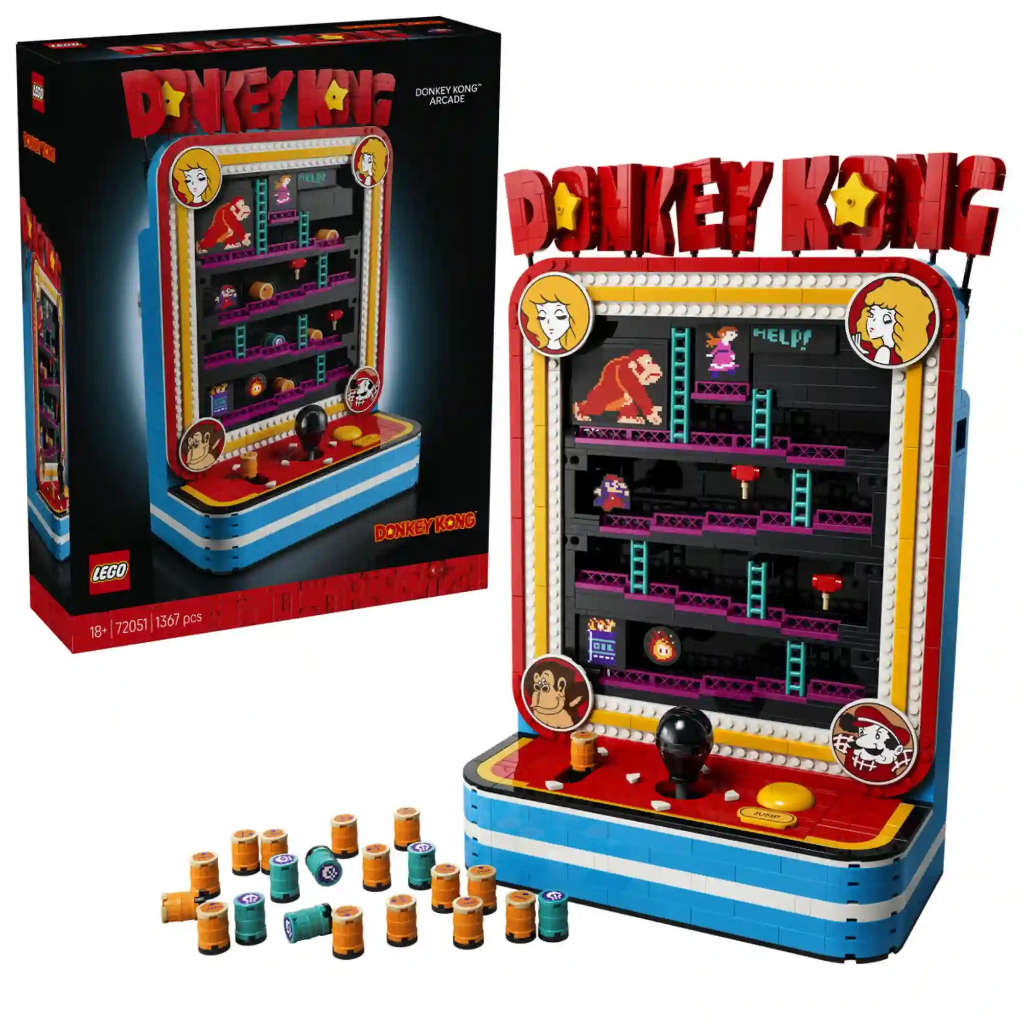 LEGO Super Mario: Donkey Kong játékgép 72051 készlet doboza és az elkészült, irányítható arcade játékgép.