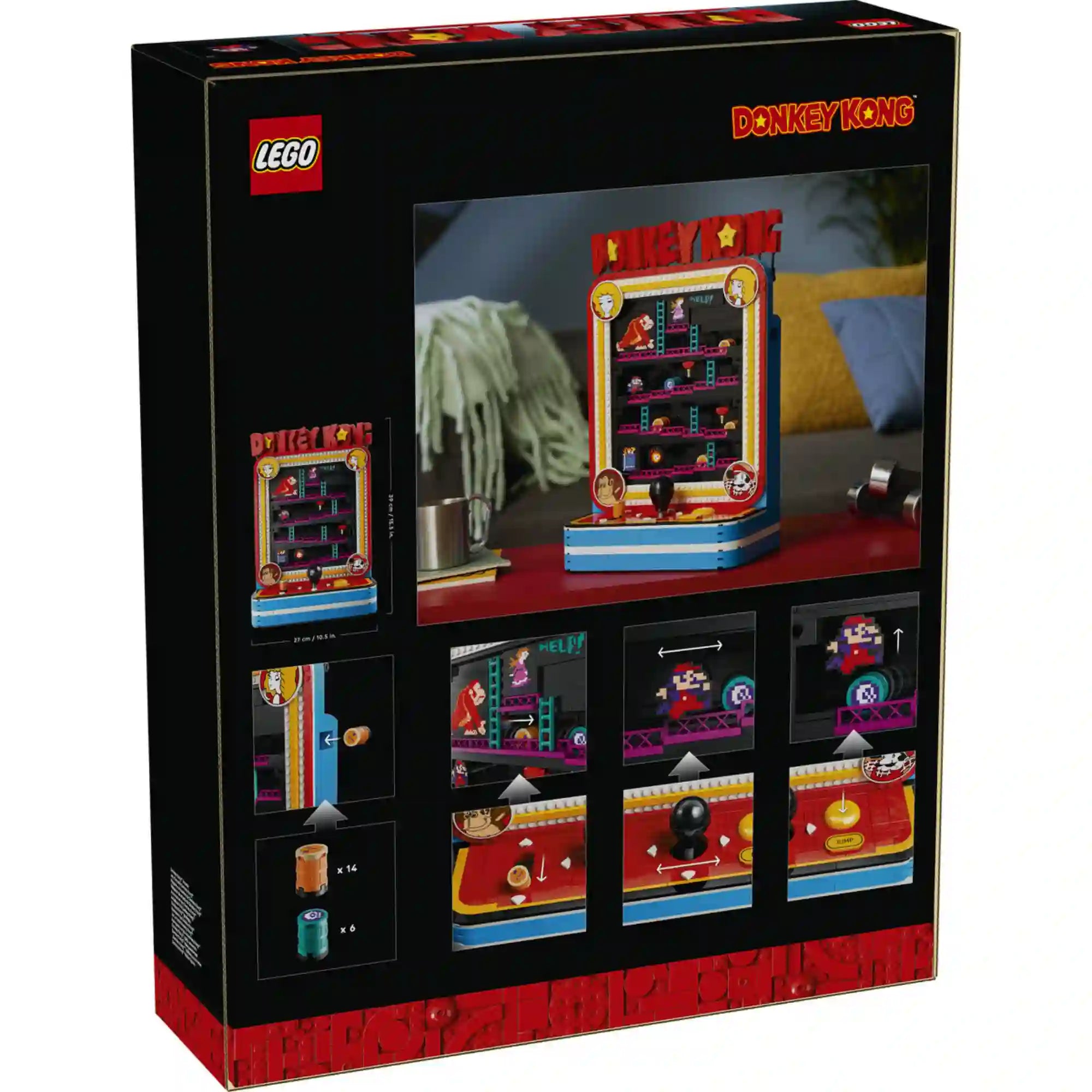 LEGO Super Mario: Donkey Kong játékgép 72051 dobozának hátoldala a modell játékfunkcióinak bemutatásával.