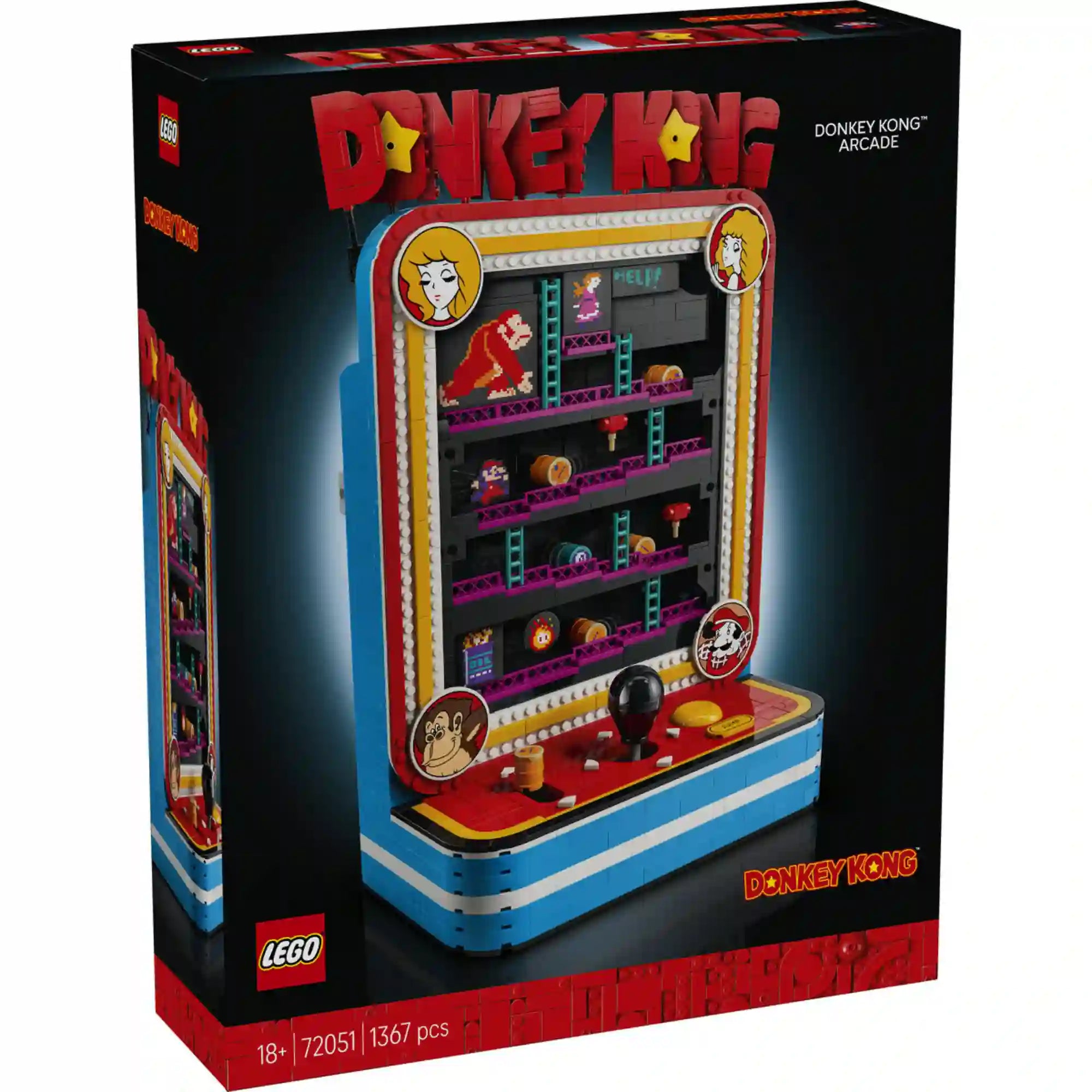 LEGO Super Mario: Donkey Kong játékgép 72051 készlet doboza a 1367 darabos retró arcade modellel.