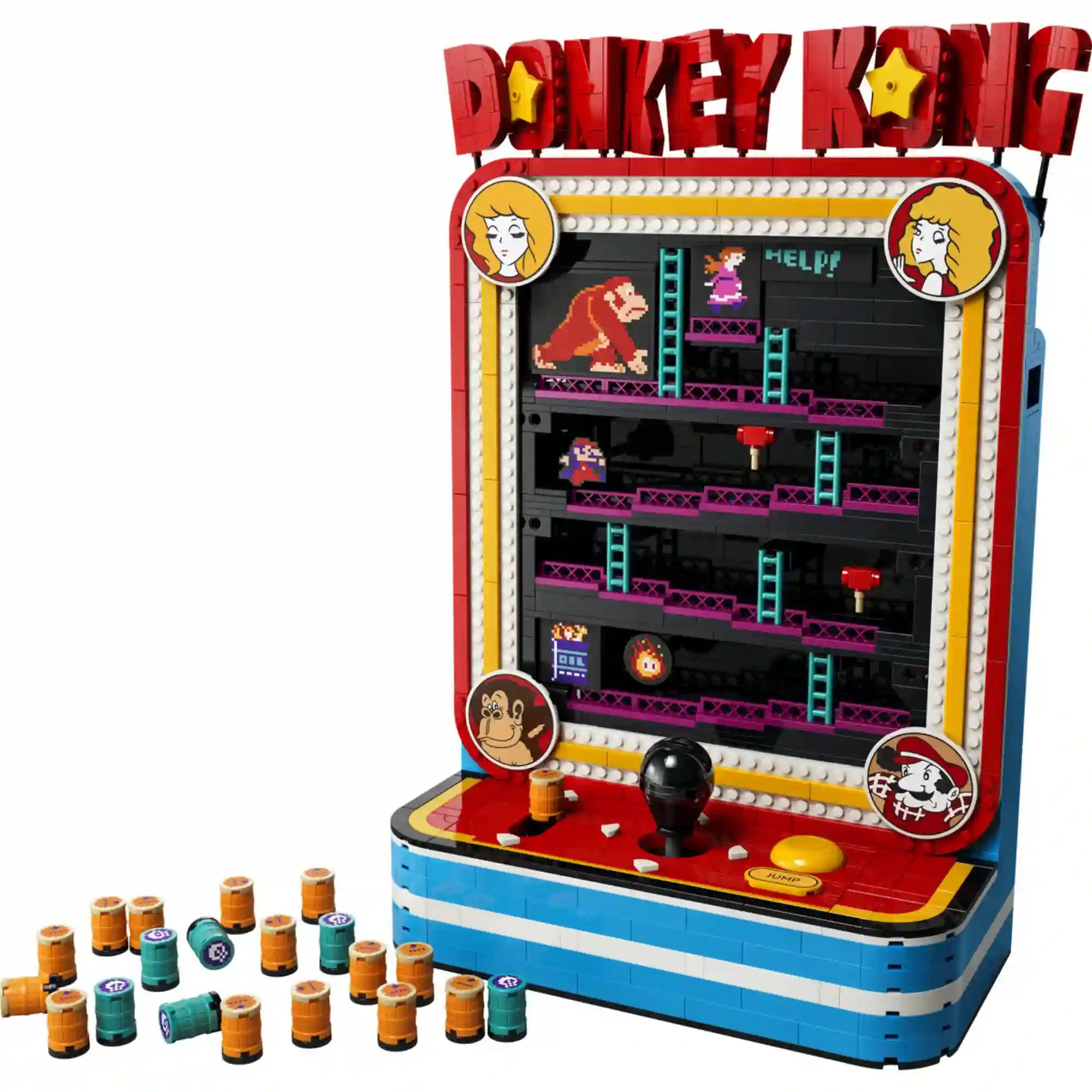 LEGO Super Mario: Donkey Kong játékgép 72051 megépített retró játékgép hordóelemekkel és klasszikus Donkey Kong pályával.