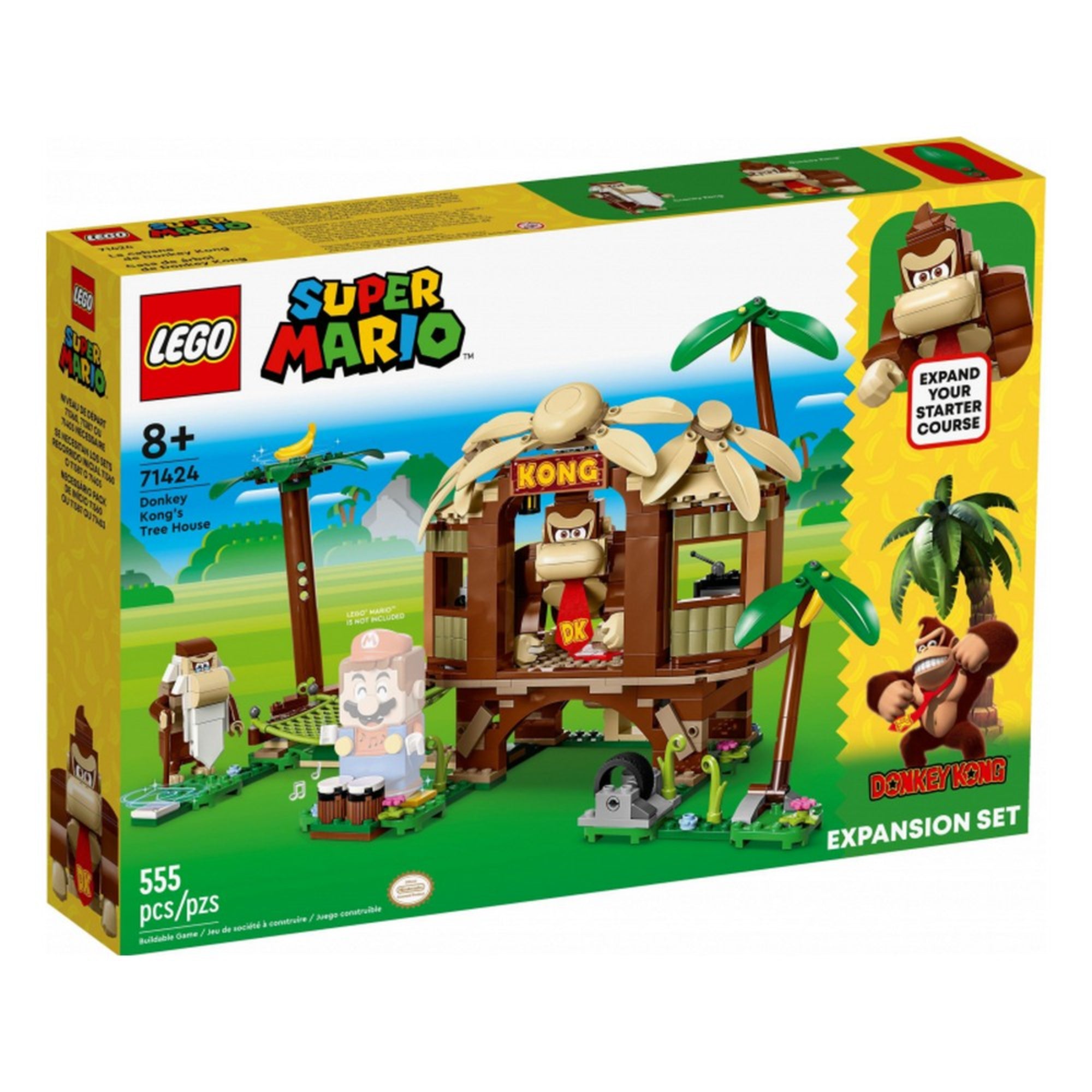 A LEGO Super Mario Donkey Kong lombháza kiegészítő szett (71424) doboza, rajta a készlet látványos grafikájával, Donkey Kong és Cranky Kong figuráival, valamint a trópusi lombház részleteivel.