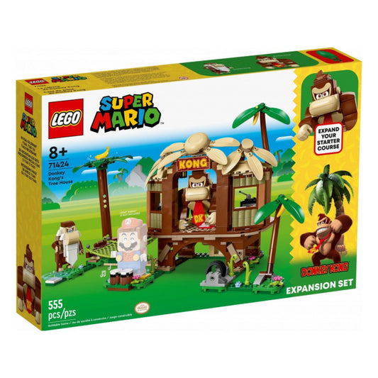 A LEGO Super Mario Donkey Kong lombháza kiegészítő szett (71424) doboza, rajta a készlet látványos grafikájával, Donkey Kong és Cranky Kong figuráival, valamint a trópusi lombház részleteivel.