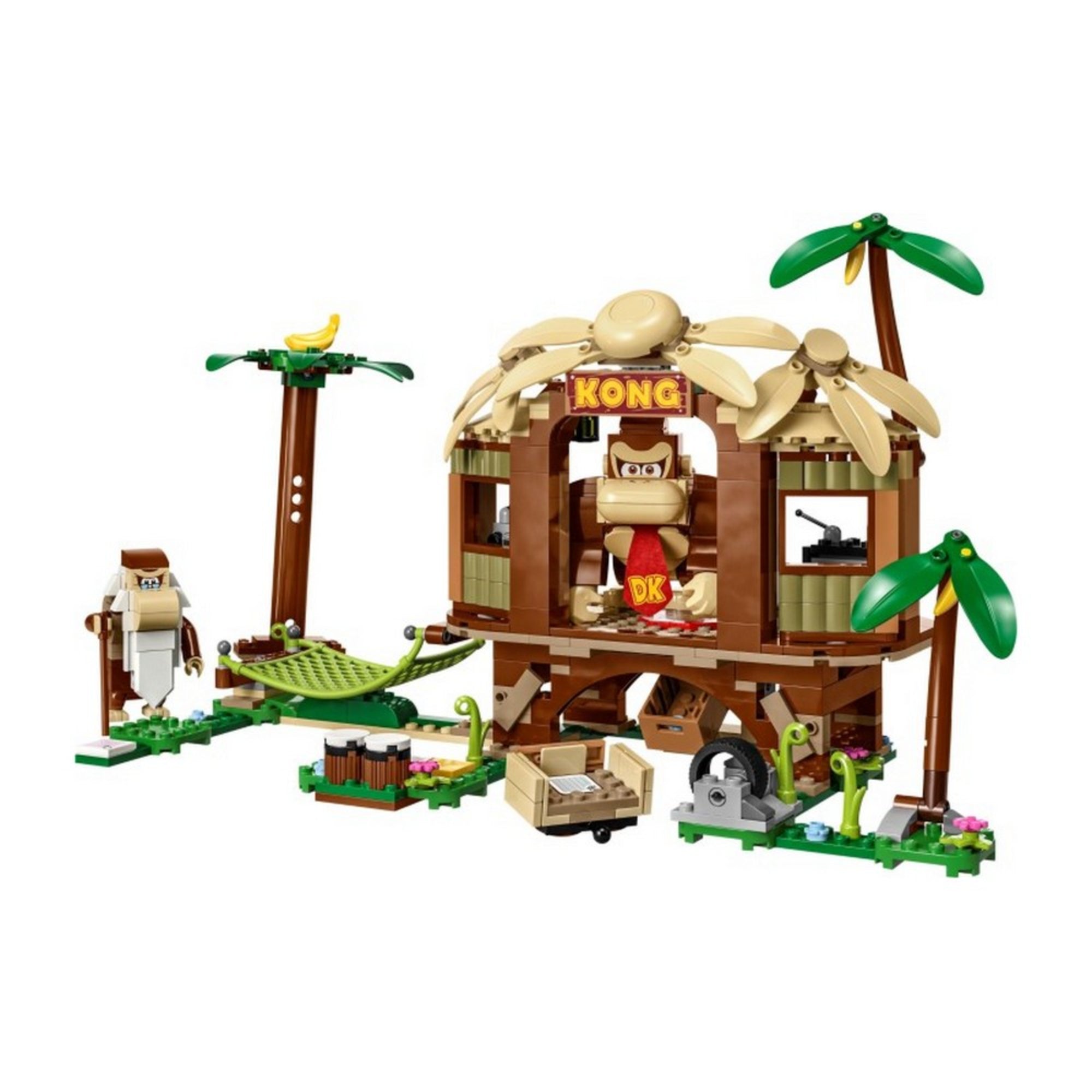 A LEGO Super Mario Donkey Kong lombháza kiegészítő szett (71424) teljesen összerakva, trópusi hangulatú faházzal, pálmafákkal, függőággyal, bongo dobokkal és a Donkey Kong figurával.