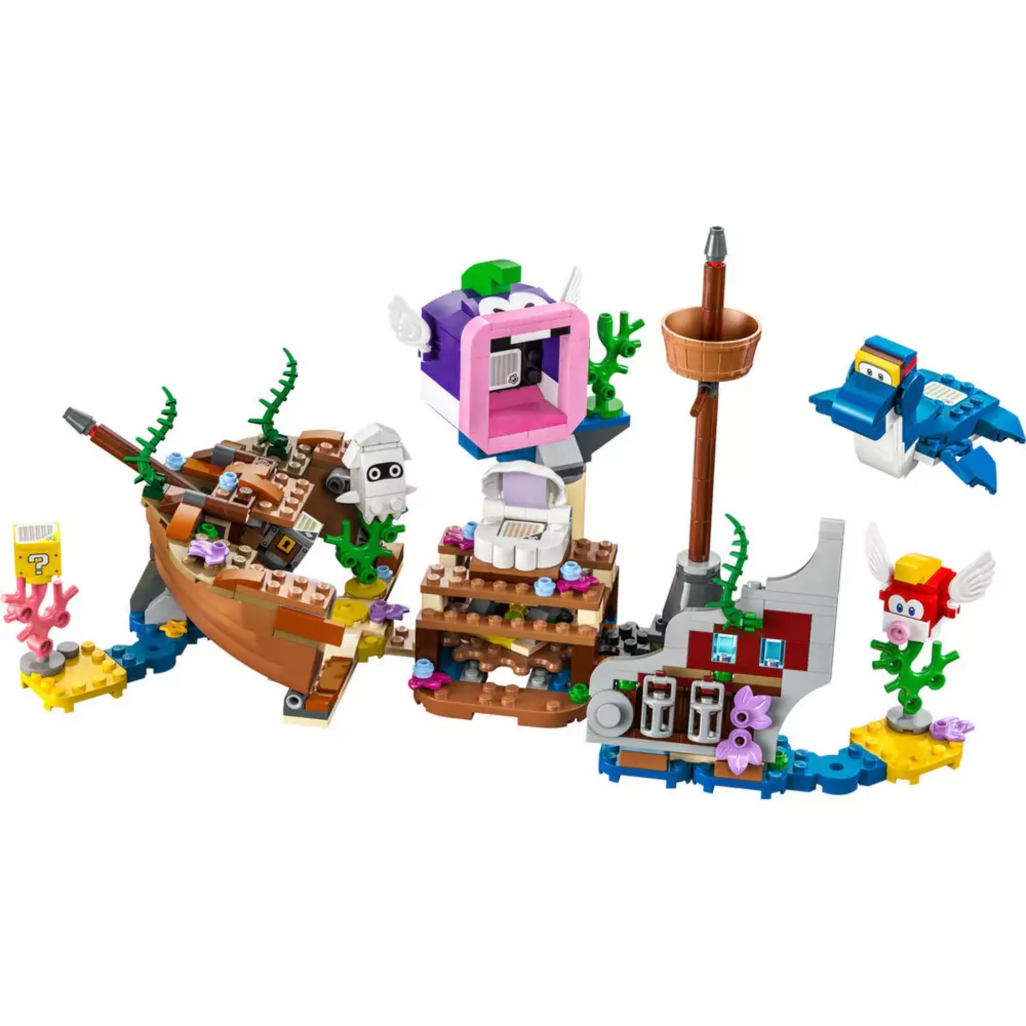 A LEGO Super Mario Dorrie elsüllyedt hajóroncs kalandjai kiegészítő szett (71432) összerakva, víz alatti jelenettel, korallokkal, hajóronccsal, interaktív elemekkel, Dorrie figurával, egy rózsaszín szájú lila szörnnyel és repülő hal karakterrel.