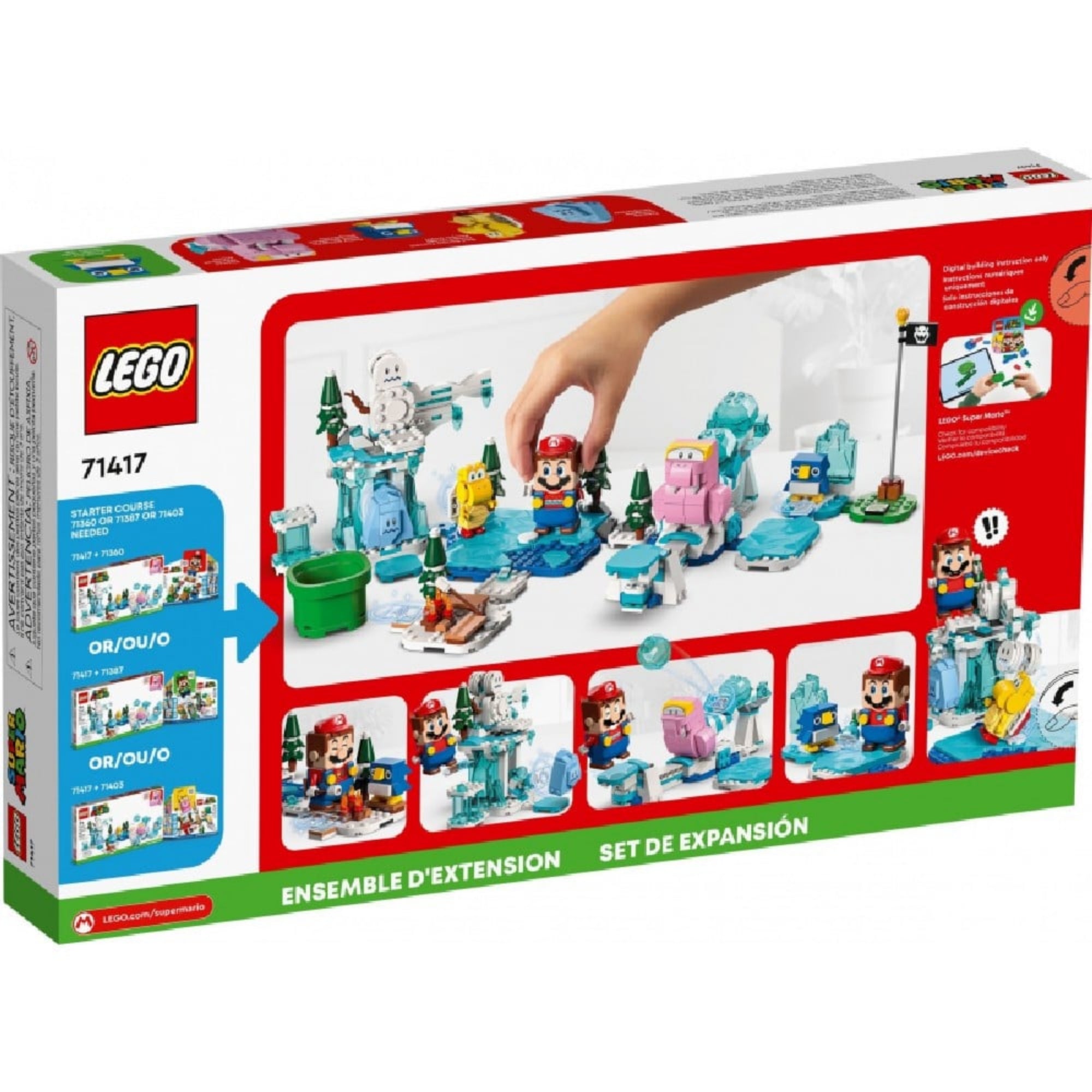 LEGO Super Mario Fliprus havas kaland szett (71417) doboz hátoldala, játékmenetet és funkciókat bemutató képekkel.
