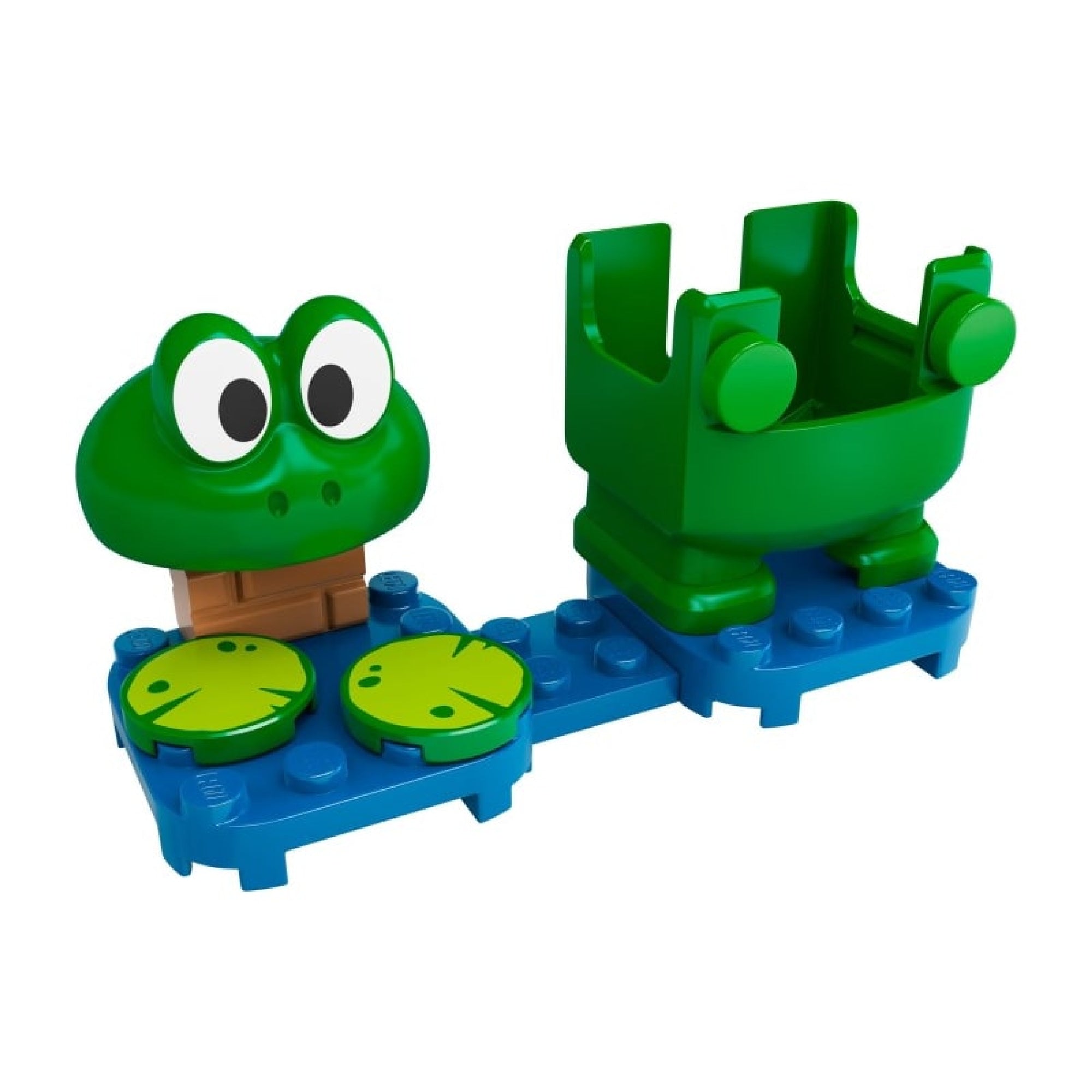 LEGO Super Mario Frog Mario szupererő csomag (71392) békás öltözék elemei közelről: a zöld sapka nagy szemekkel és az alsótestet helyettesítő zöld nadrág LEGO Mario számára.