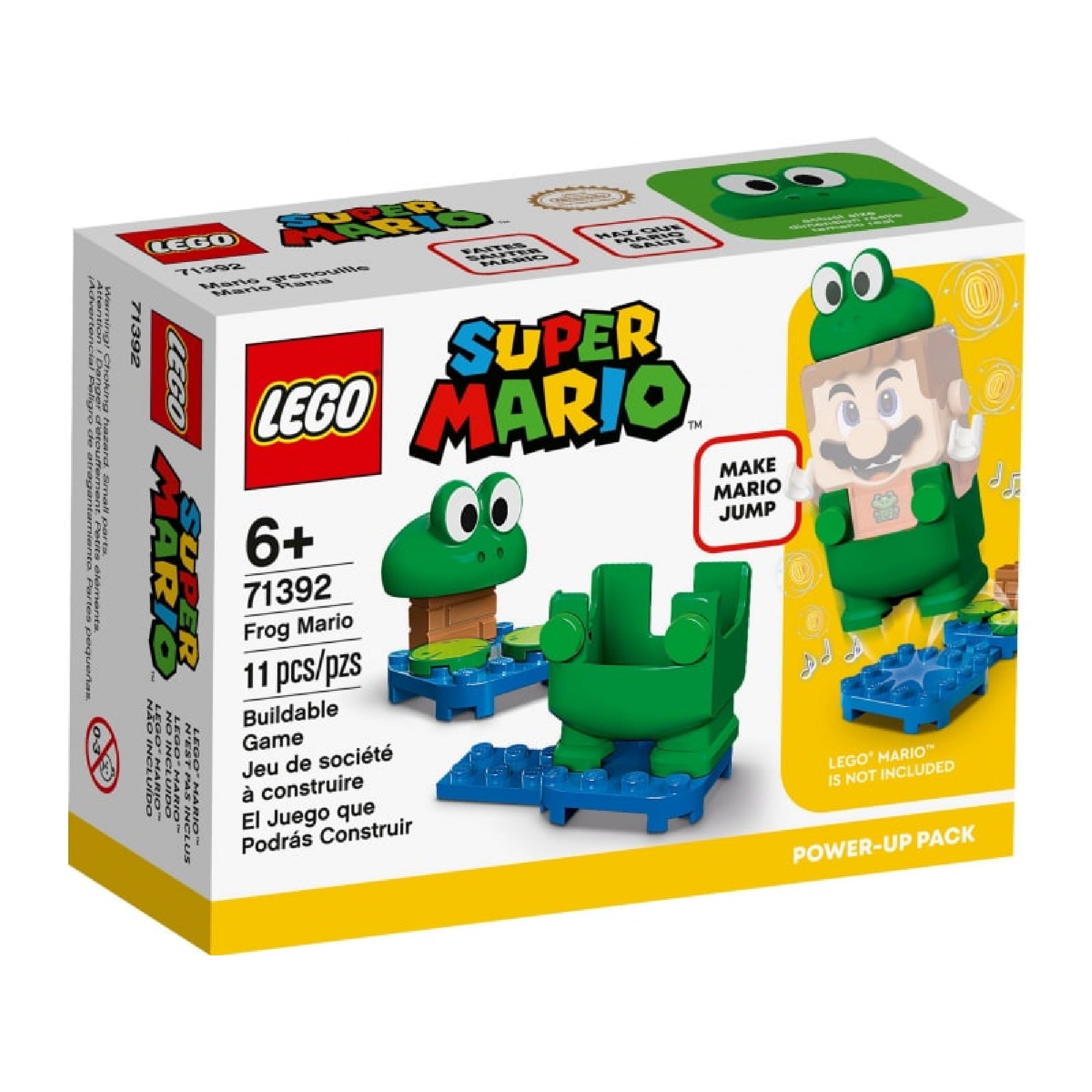 LEGO Super Mario Frog Mario szupererő csomag (71392) doboza: elöl látható a sapka, nadrág és az öltözéket viselő Mario figura grafikája.
