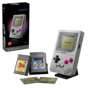 LEGO Game Boy (72046) megépített konzol állvánnyal és The Legend of Zelda, Super Mario Land kazettákkal.
