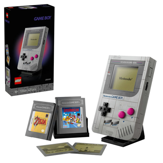 LEGO Game Boy (72046) megépített konzol állvánnyal és The Legend of Zelda, Super Mario Land kazettákkal.