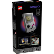 LEGO Game Boy (72046) hátoldali dobozkép, megépíthető konzol és cserélhető játékkazetták bemutatásával.