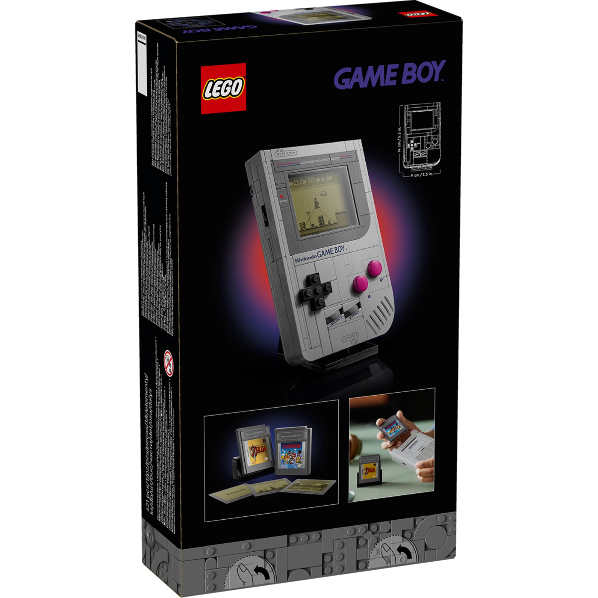 LEGO Game Boy (72046) hátoldali dobozkép, megépíthető konzol és cserélhető játékkazetták bemutatásával.