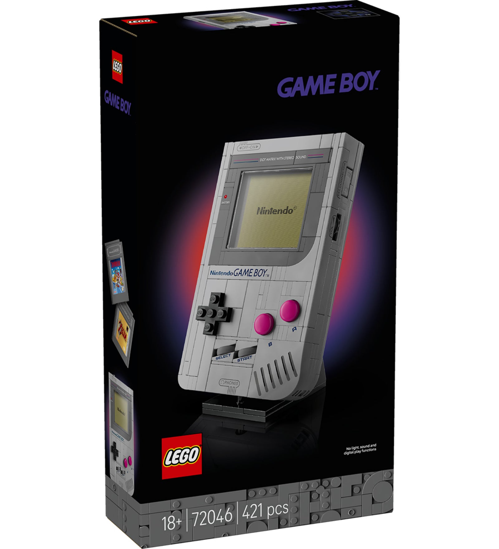 LEGO Game Boy (72046) elölnézeti dobozkép, 18+ korosztály, 421 darabos nosztalgia készlet.