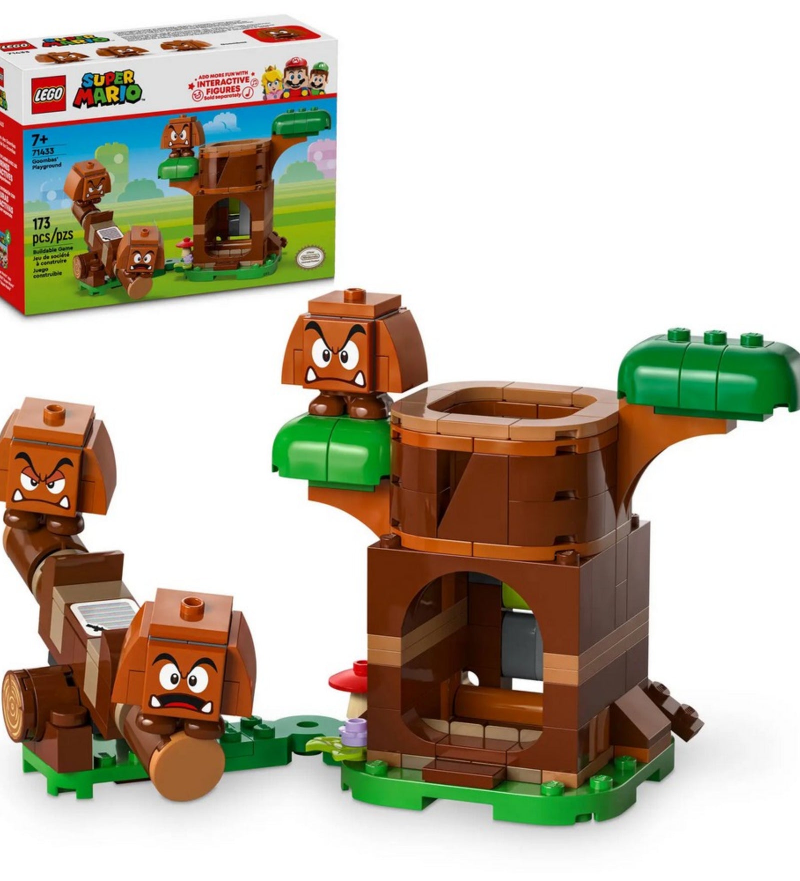 A LEGO Super Mario Goomba játszótér (71433) doboza és a mellette felépített teljes játékkészlet, benne a faépítmény és a Goomba ellenségek.