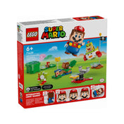 A LEGO Super Mario 71439 készlet dobozának elölnézete, ahol Mario figurája épp akcióban repül, a háttérben a szett szereplői és a pályaelemek – interaktív játéklehetőségeket kiemelve.