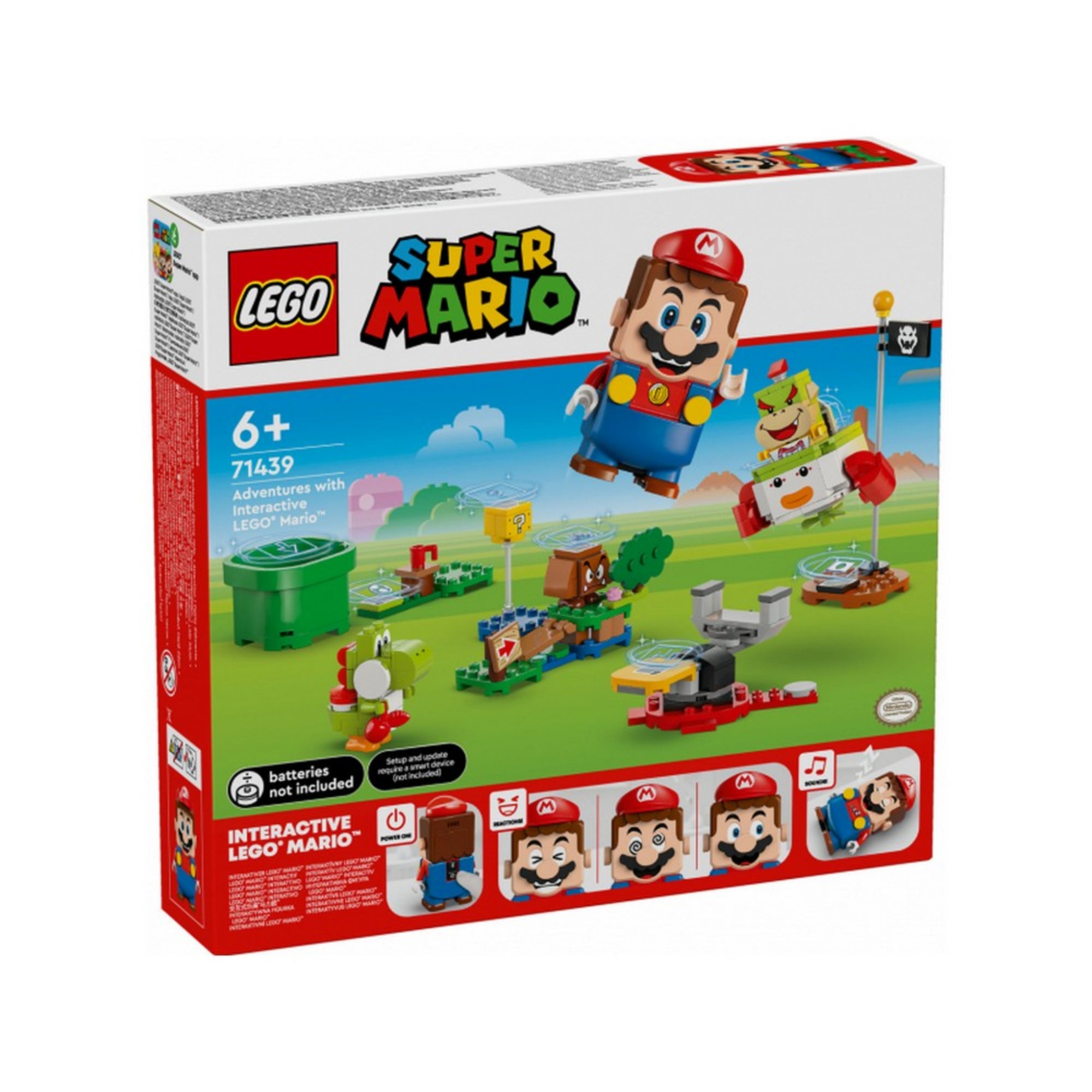 A LEGO Super Mario 71439 készlet dobozának elölnézete, ahol Mario figurája épp akcióban repül, a háttérben a szett szereplői és a pályaelemek – interaktív játéklehetőségeket kiemelve.