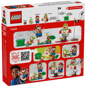 A LEGO Super Mario 71439 készlet dobozának hátlapja, részletes bemutatással az interaktív LEGO Mario figuráról, valamint a szereplőkről, mint Yoshi, Bowser Jr., Goomba és a Junior Clown Car, akció közbeni illusztrációkkal.