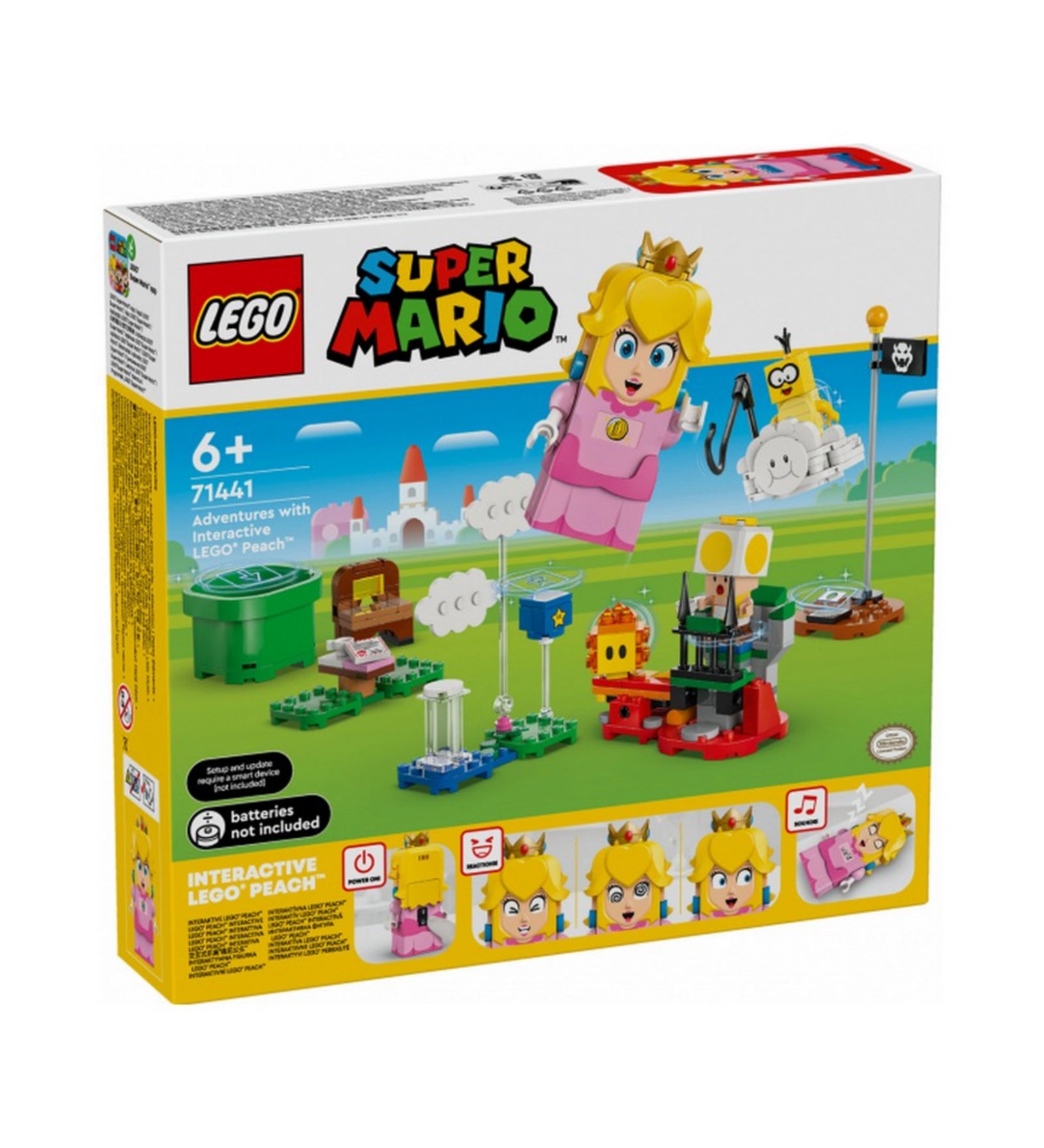 A LEGO 71441 készlet dobozának előlapja, középpontban Peach hercegnő, Lakitu figurája, a zászlórúd, valamint a készlet többi játékeleme színes háttér előtt.