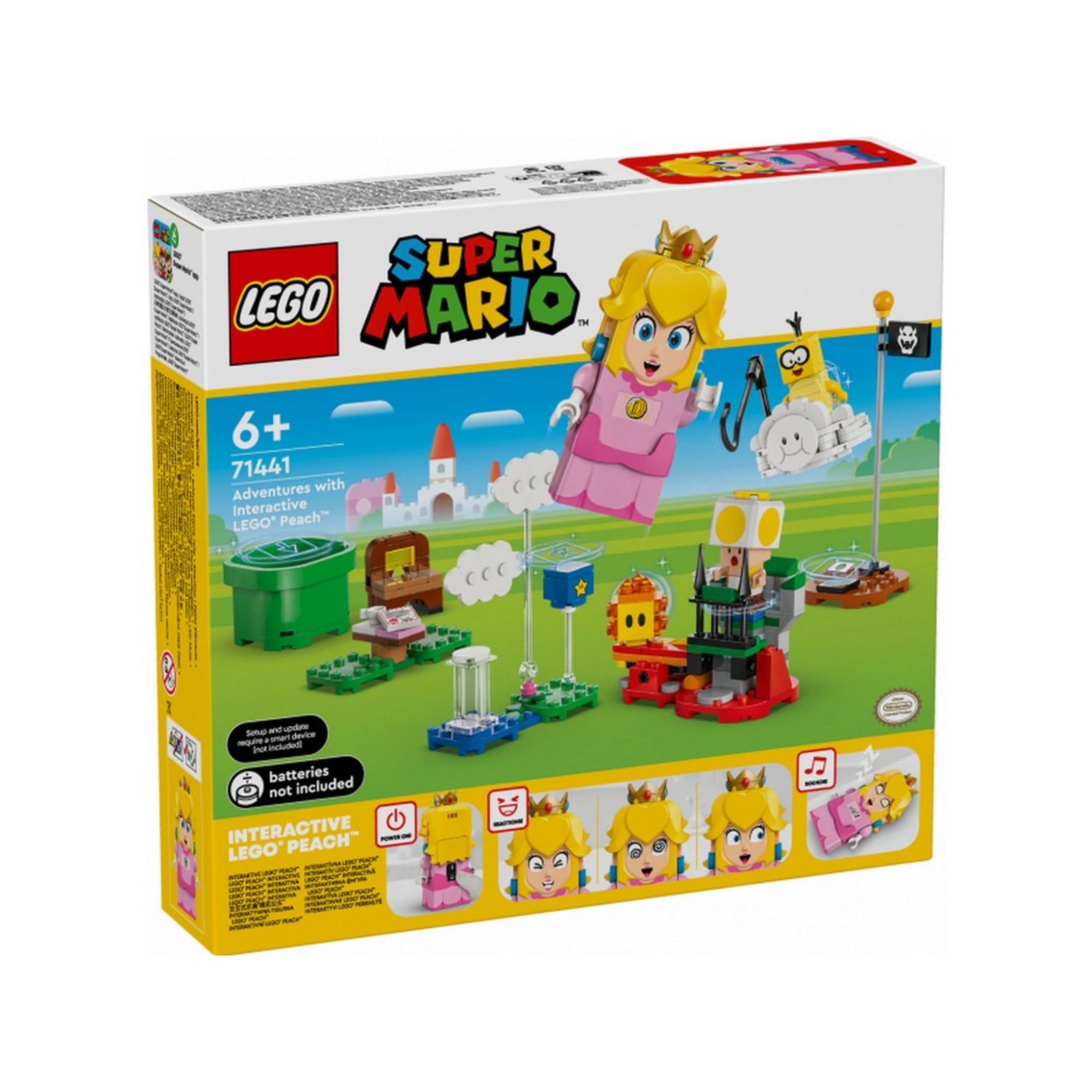 A LEGO 71441 készlet dobozának előlapja, középpontban Peach hercegnő, Lakitu figurája, a zászlórúd, valamint a készlet többi játékeleme színes háttér előtt.