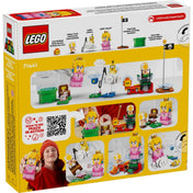 A LEGO Super Mario 71441-es készletének dobozhátoldala, amely bemutatja a Peach hercegnővel játszható interaktív pályát, több játékelem és karakter (pl. Lakitu, Yellow Toad) felsorolásával.